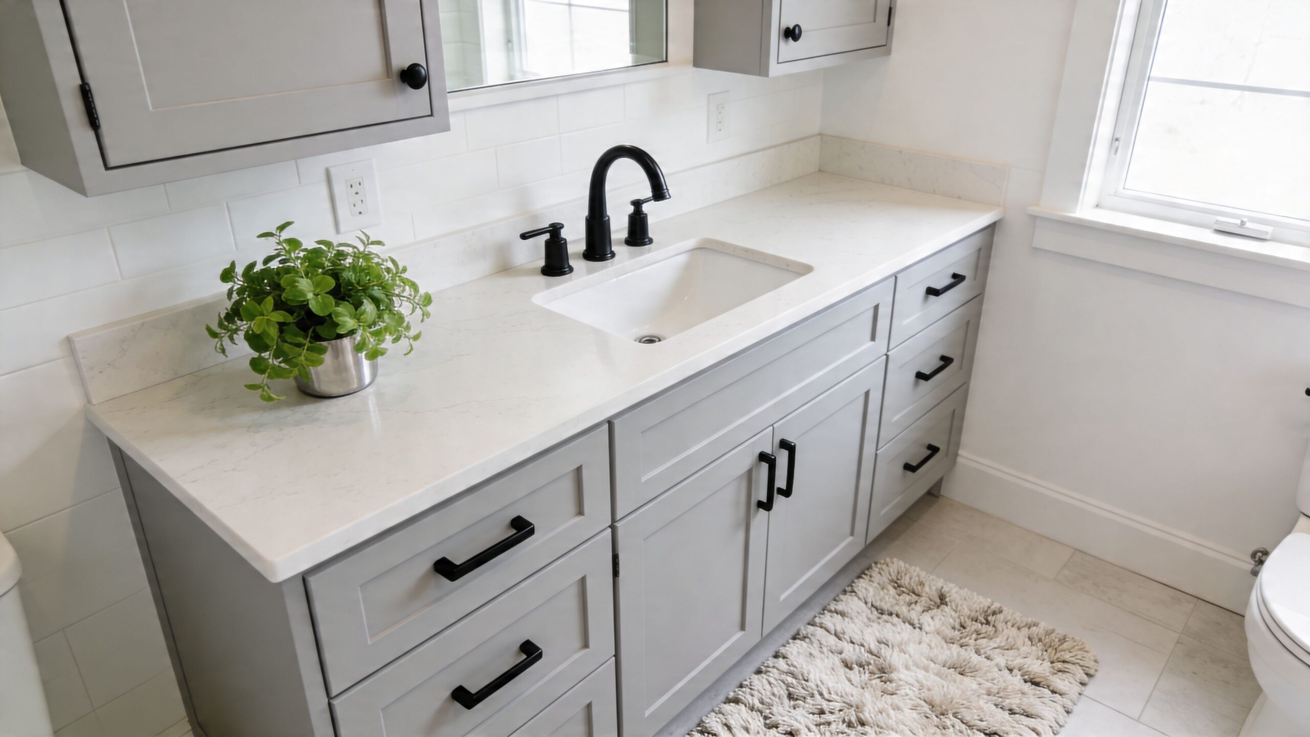 A modern bathroom vanity featuring grey cabinets, a white quartz countertop, black hardware, and a small potted plant.