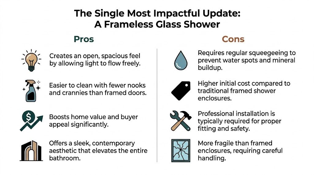 A comparison infographic listing the pros and cons of installing a frameless glass shower in a bathroom.