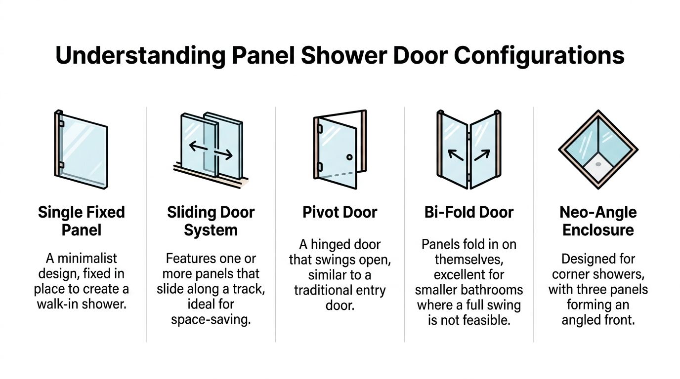 An educational infographic illustrating five different types of shower door configurations including fixed panels, sliding, and hinged.