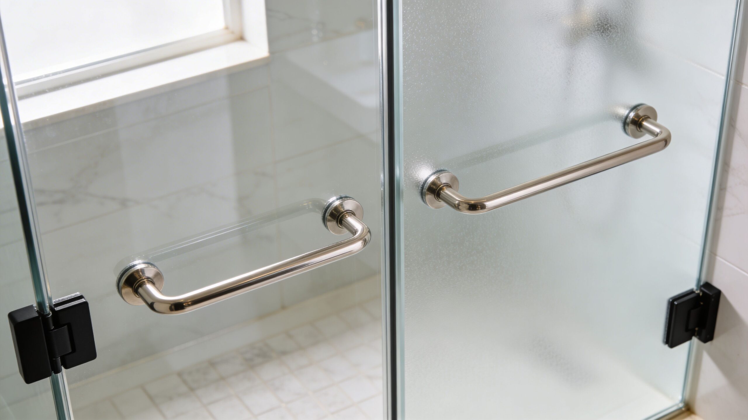 A close-up view of two glass shower doors featuring polished metal handles and black mounting hinges.