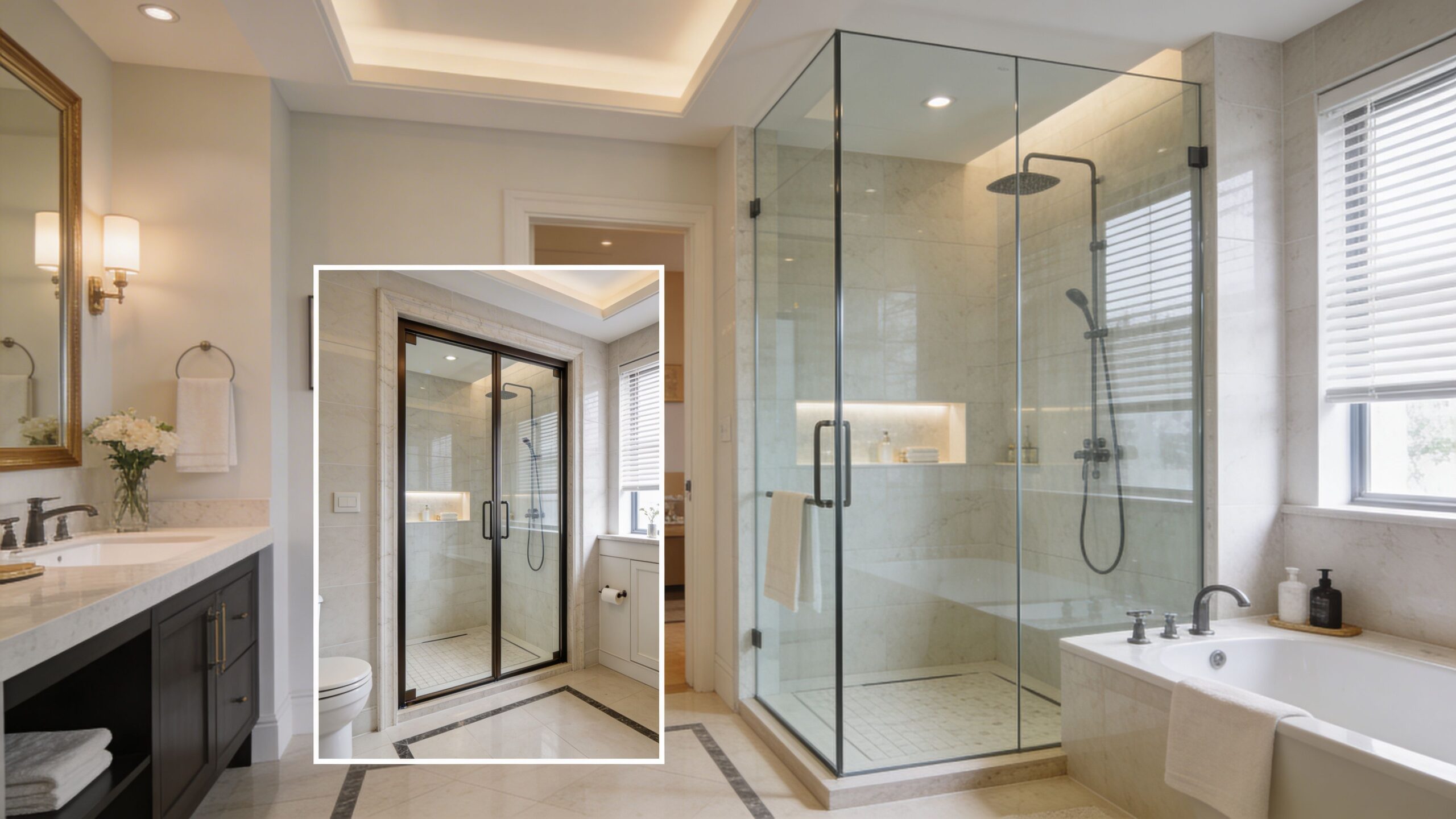 A luxurious bathroom featuring a modern glass panel shower door, marble tiling, and a built-in bathtub.