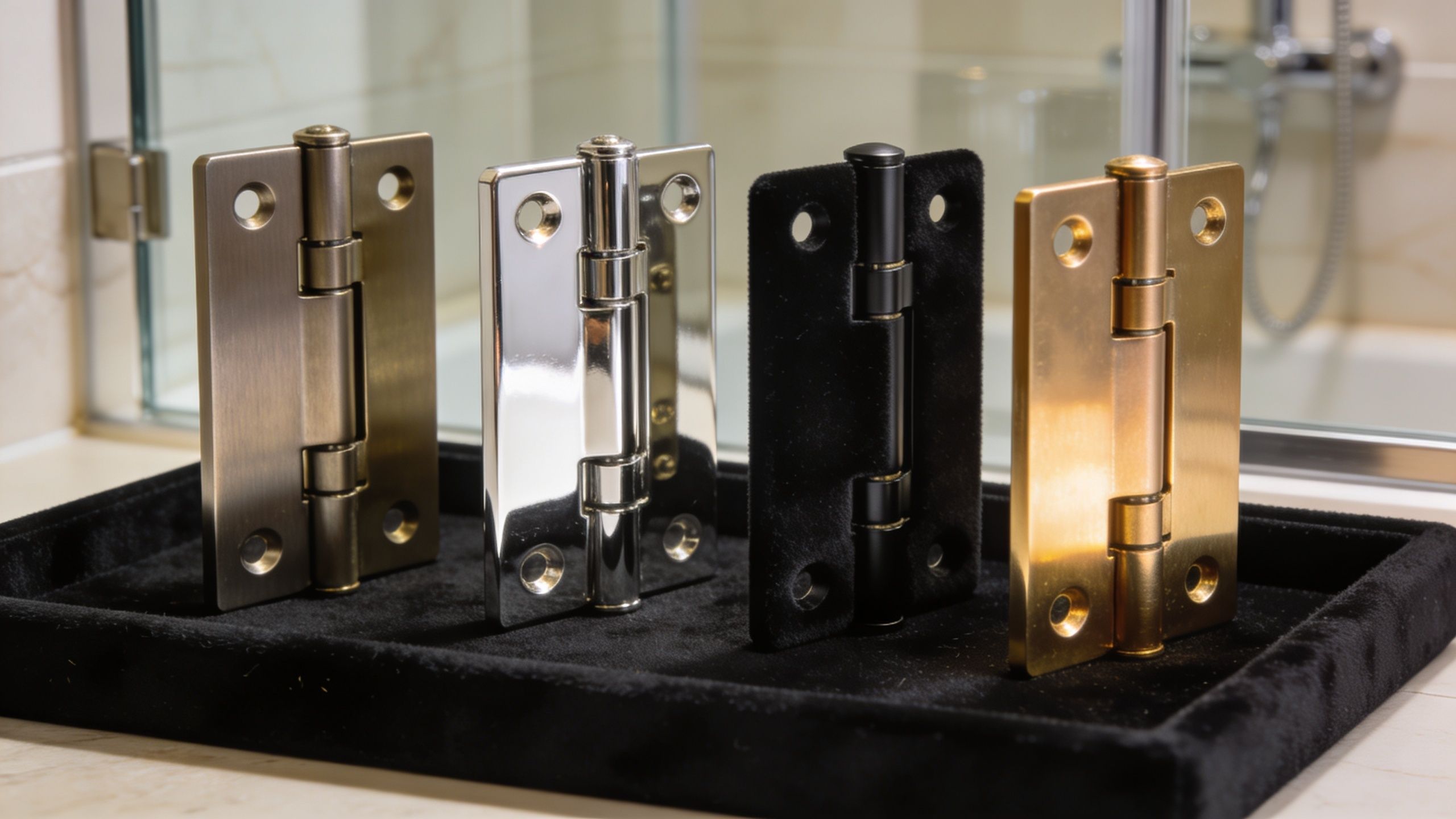A collection of four different finished pivot hinges for glass shower doors displayed on a velvet tray.