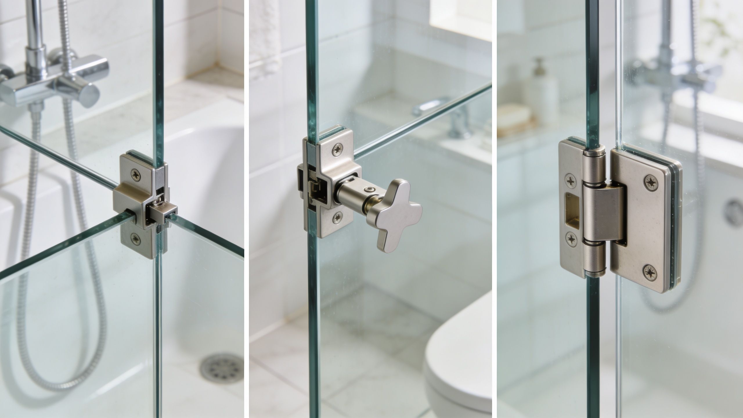 Three detailed views of metal glass shower door hinges and latch hardware mounted on tempered glass panels.