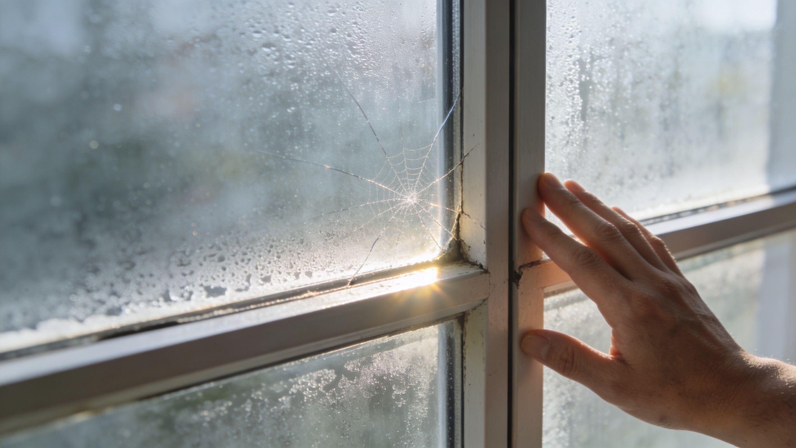 A human hand touches a foggy, cracked window pane with a spider web in the corner.