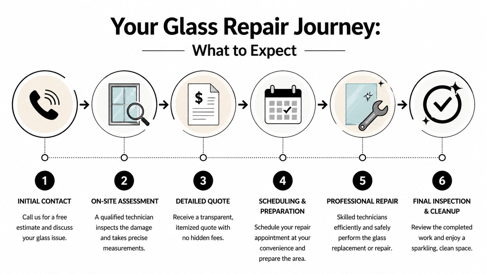A step-by-step infographic illustrating the six-stage professional process for residential glass repair and replacement services.