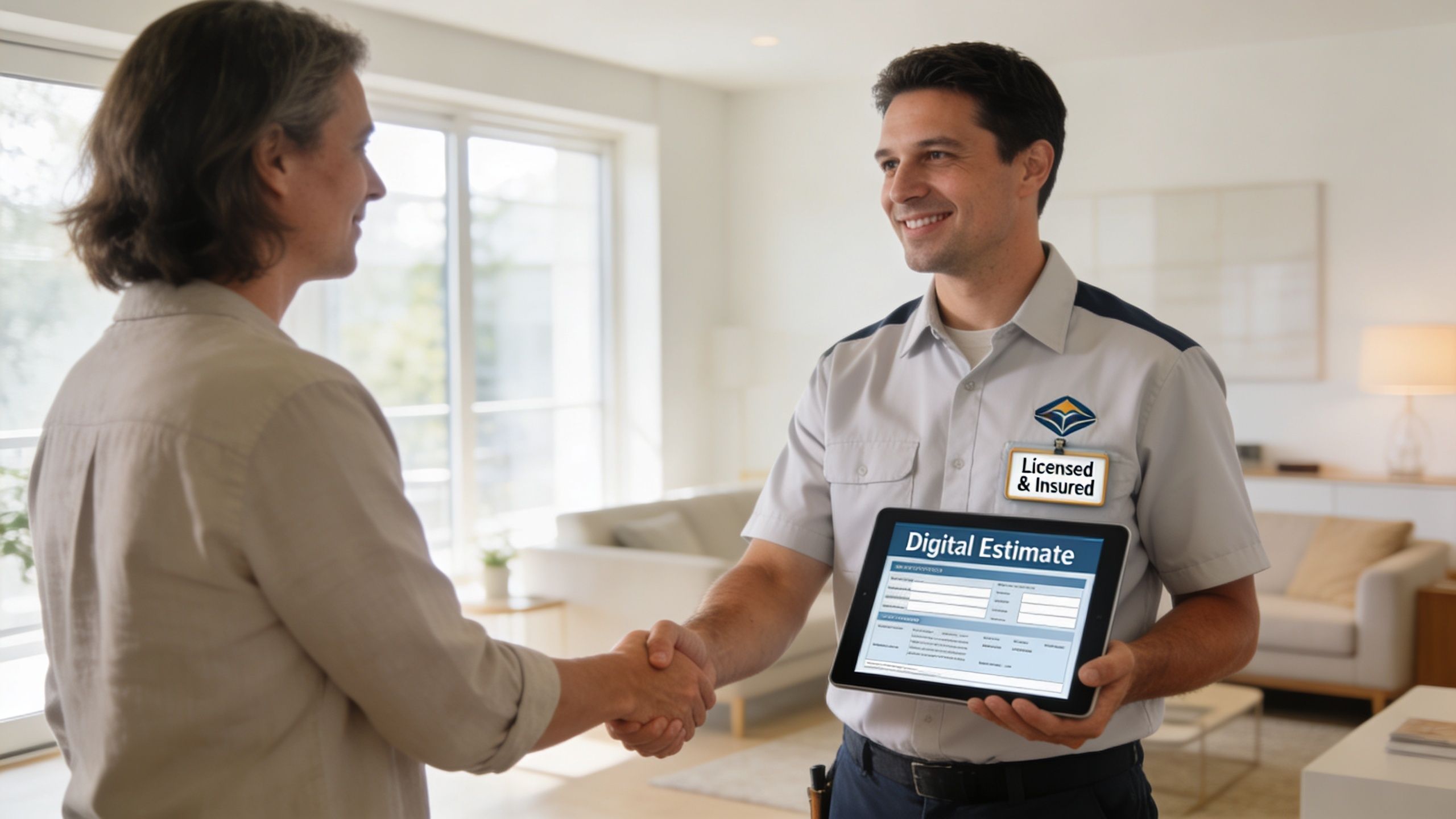 A professional service technician shaking hands with a homeowner while holding a tablet showing a digital estimate.