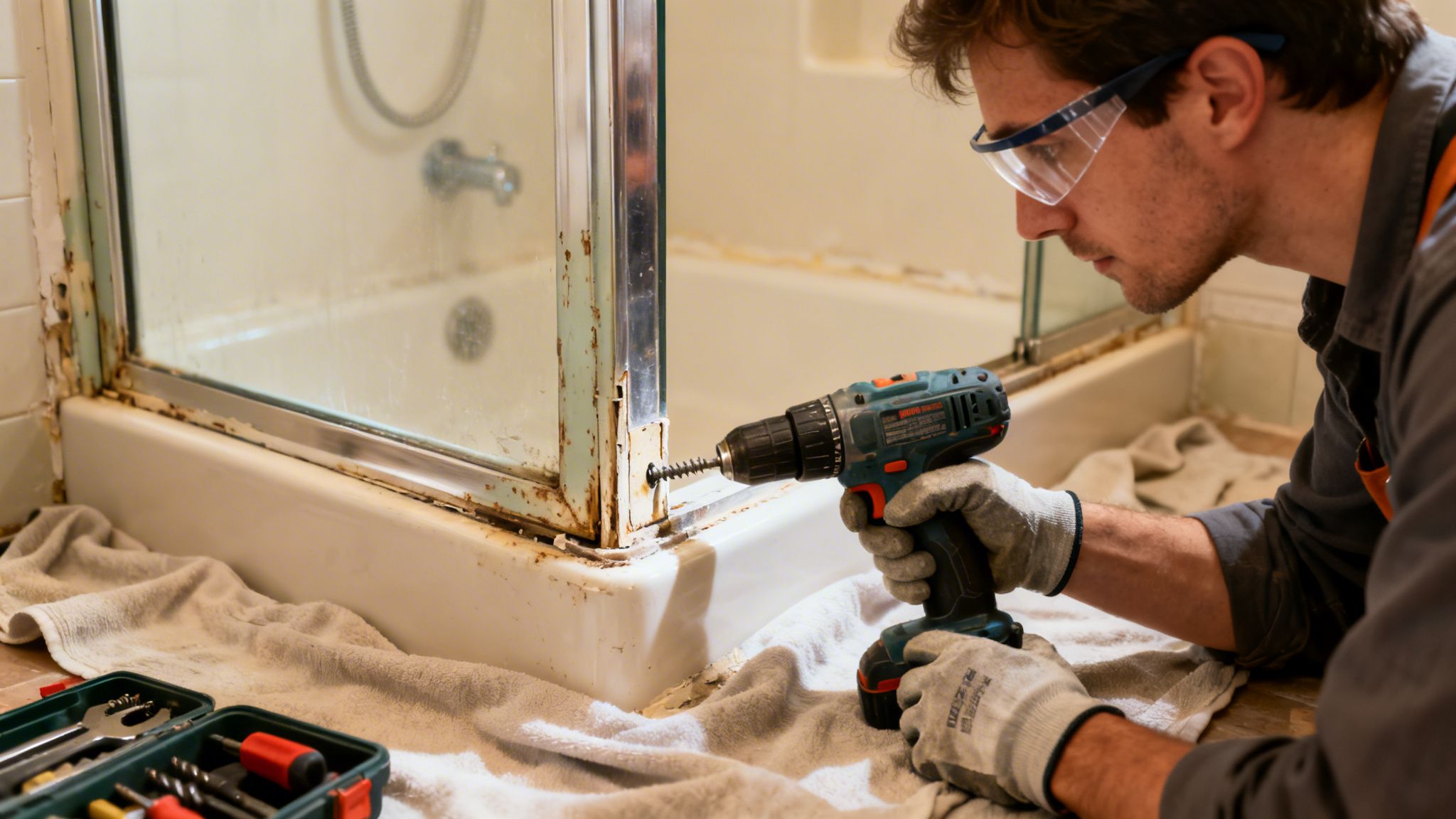 A professional repairman in protective goggles uses an electric drill to remove an old shower door frame.