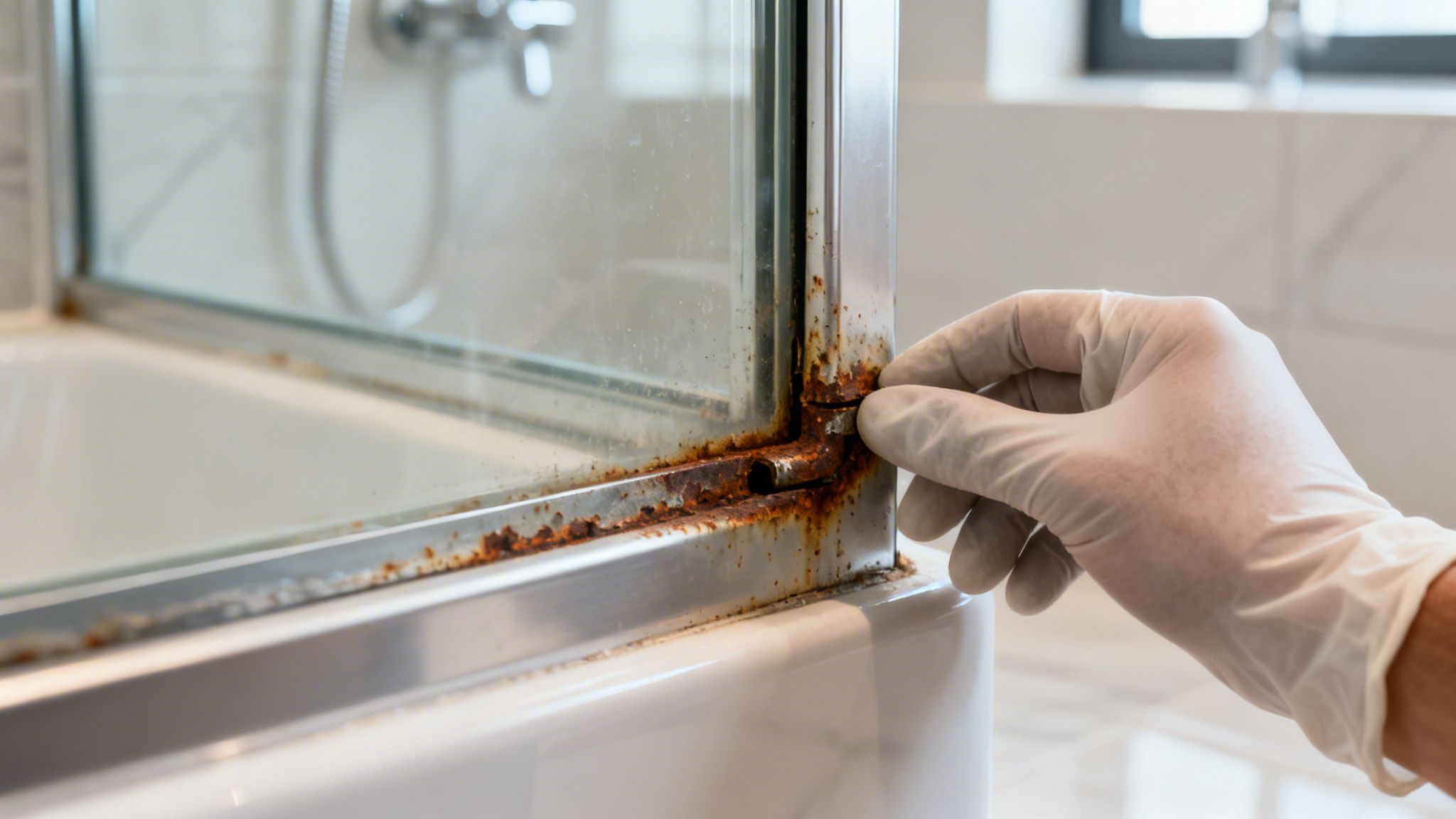 A gloved hand inspecting a severely rusted metal shower door frame in a residential bathroom.