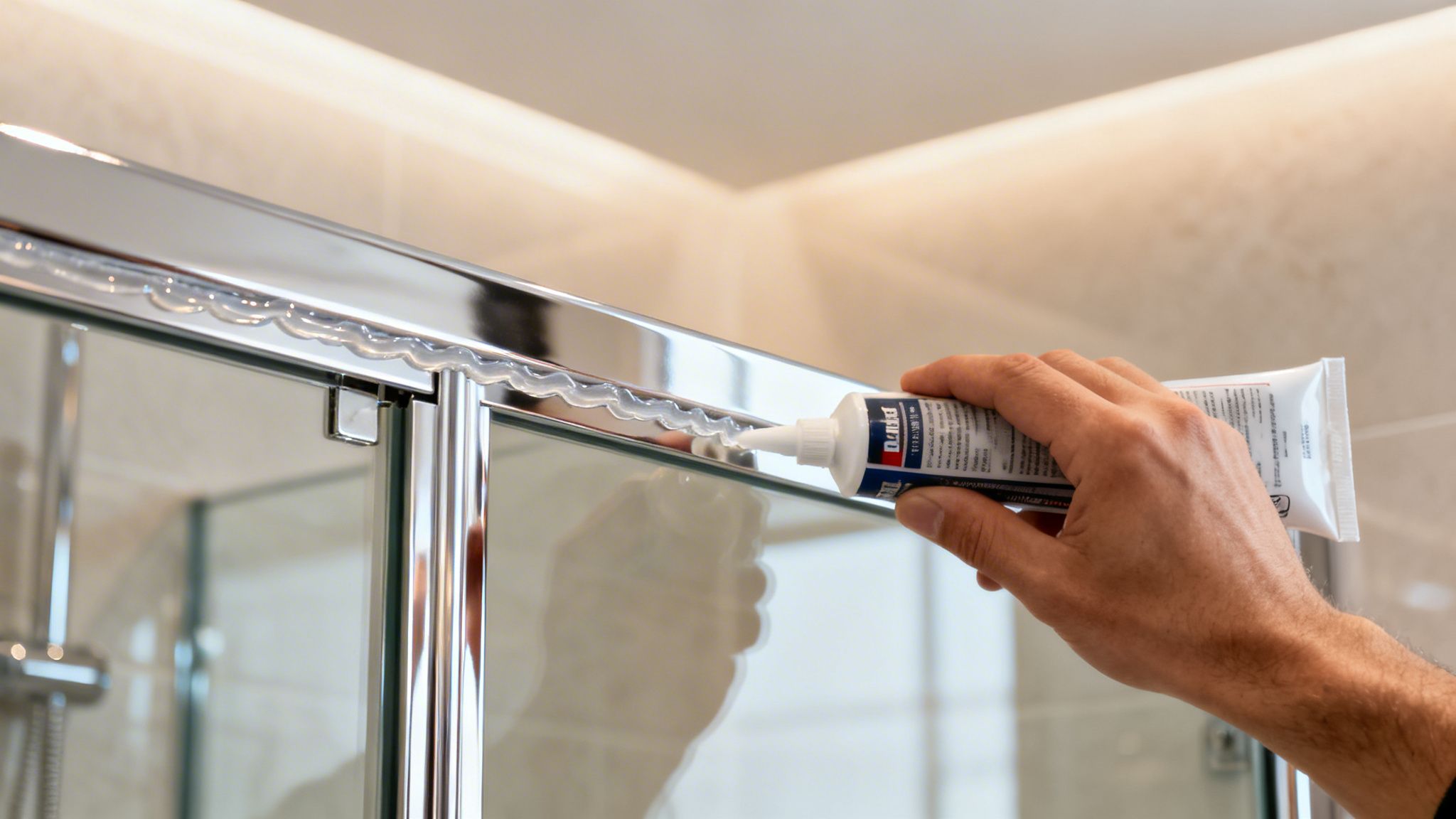 A person applying a sealant bead along the chrome frame of a glass shower door enclosure.