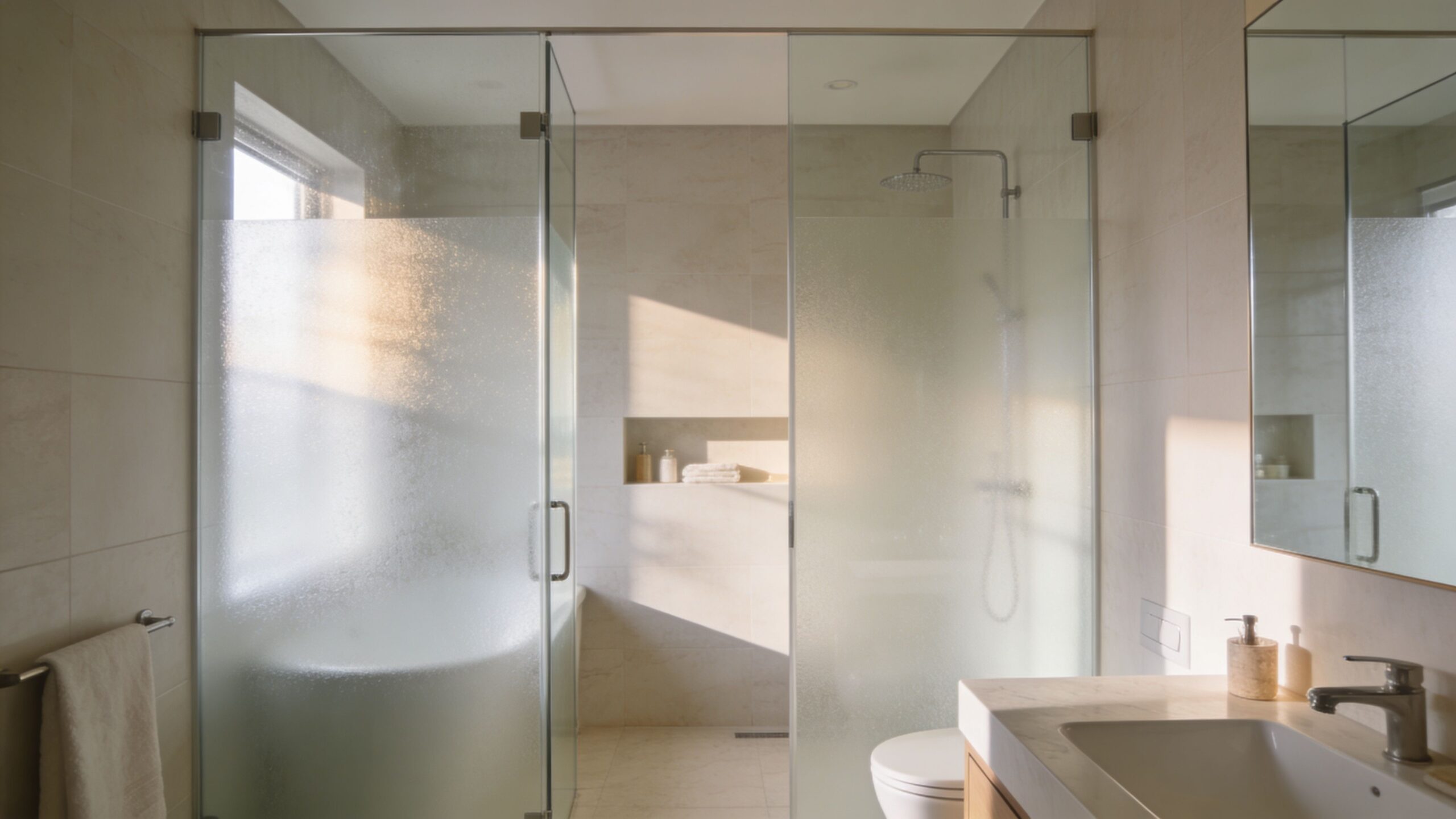 A modern bathroom interior featuring a large frosted glass shower enclosure and a sleek vanity area.