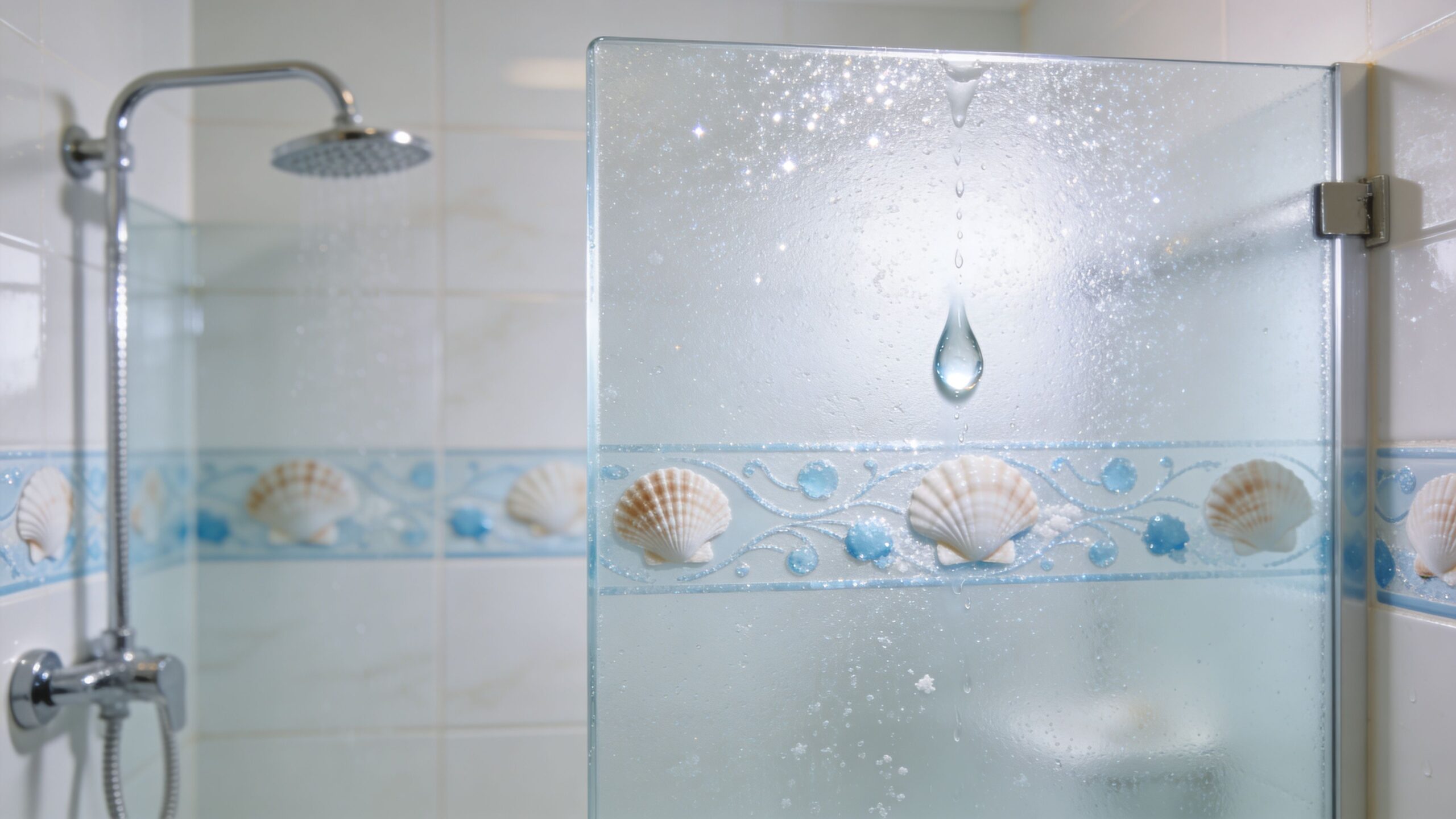 A close-up view of a frosted glass shower panel decorated with seashell patterns in a bathroom.