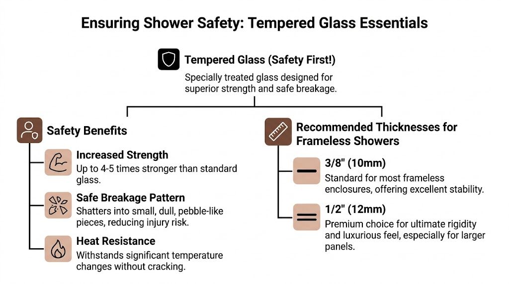 An infographic detailing the benefits and recommended thicknesses of tempered glass for frameless shower enclosures.