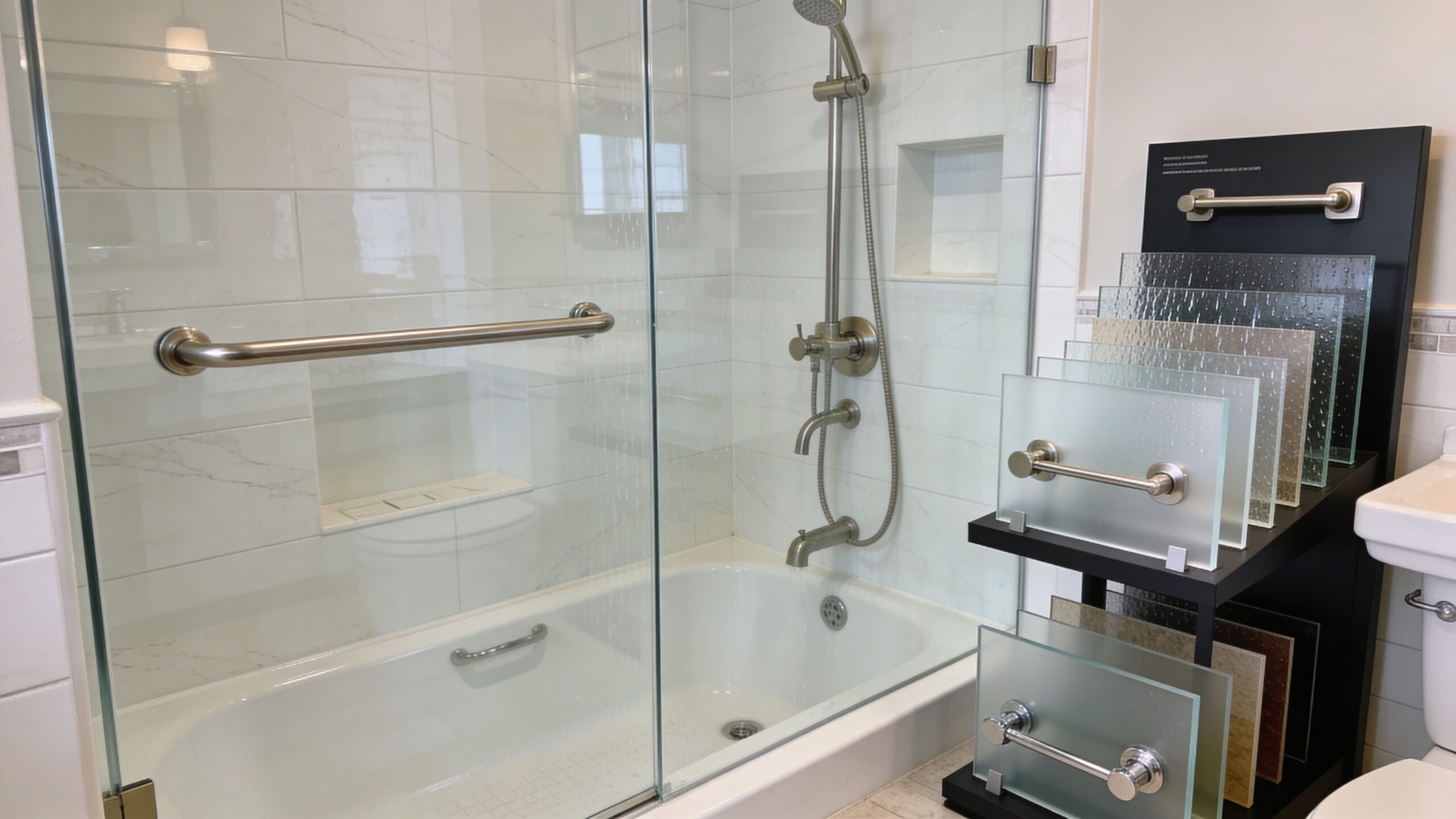 A showroom display featuring a walk-in bathtub shower enclosure with various glass texture samples on display.