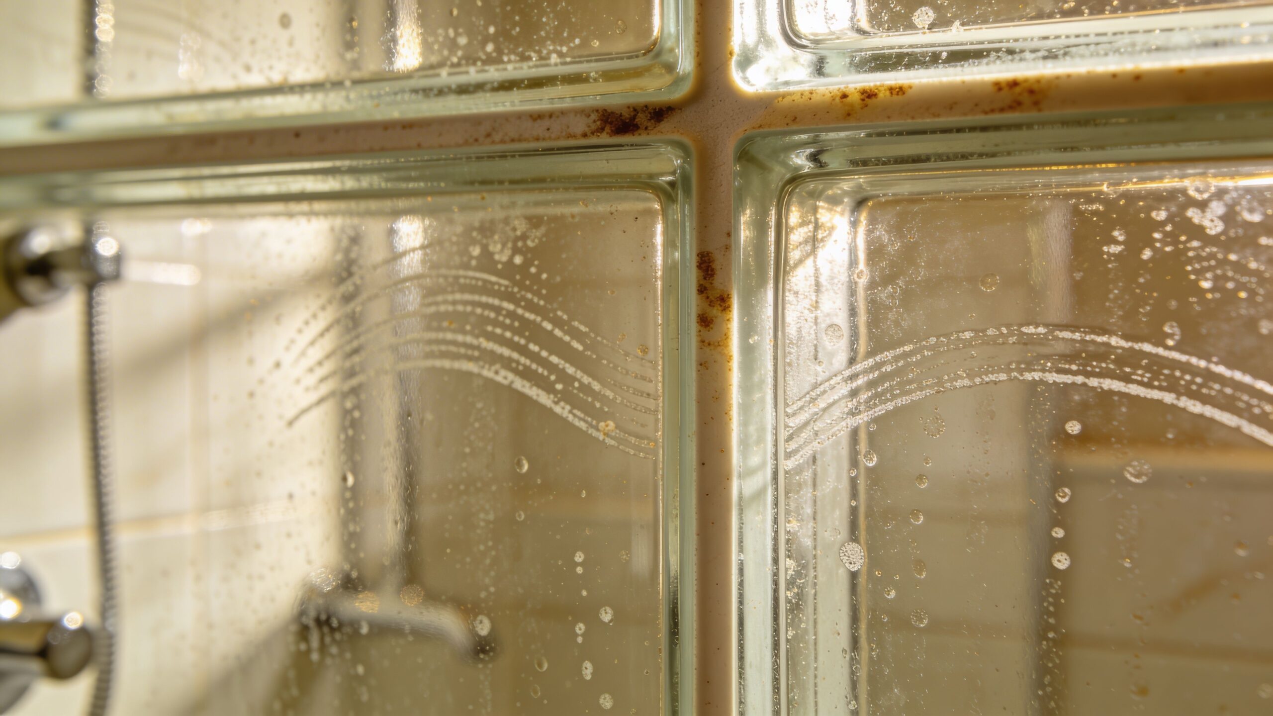 Close up view of dirty stained grout lines between textured glass blocks in a bathroom shower stall.