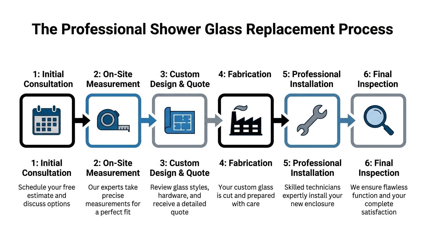 A flowchart detailing the six steps of the professional shower glass replacement process from consultation to inspection.