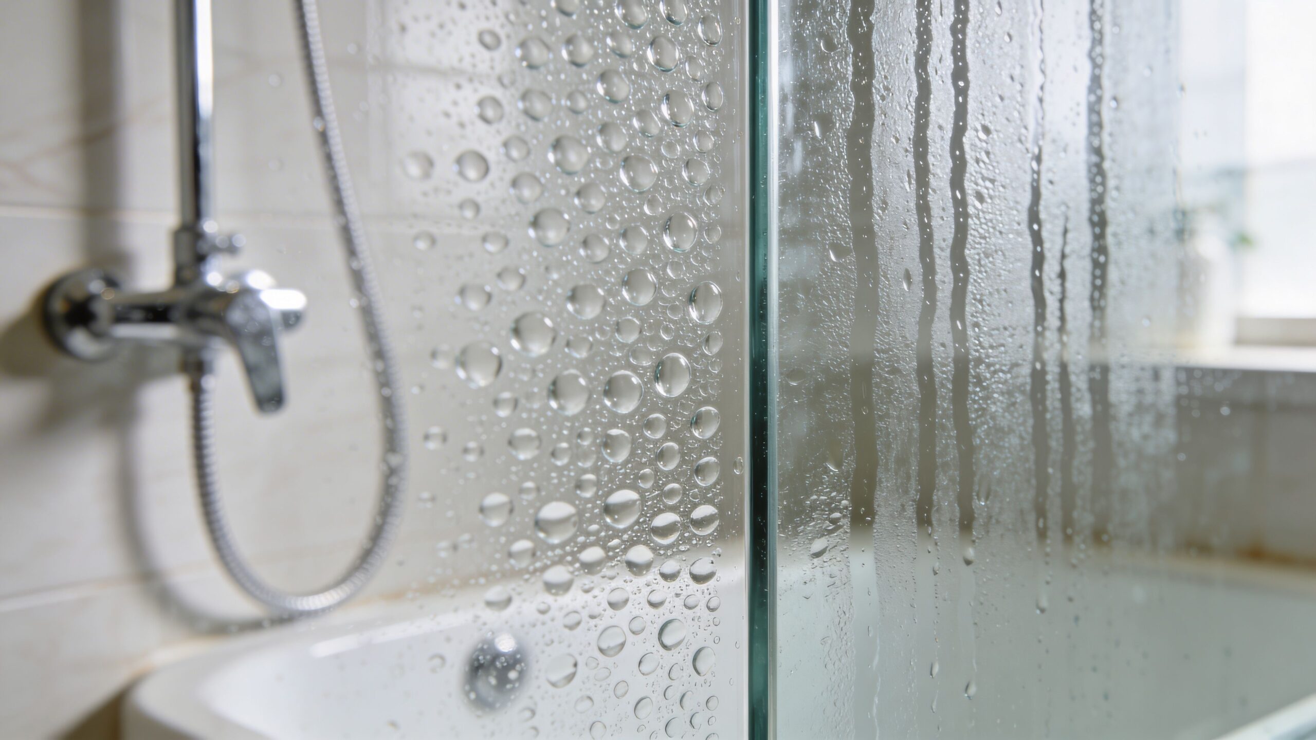 A close-up view of a glass shower screen covered in condensation with water droplets in a bathroom.