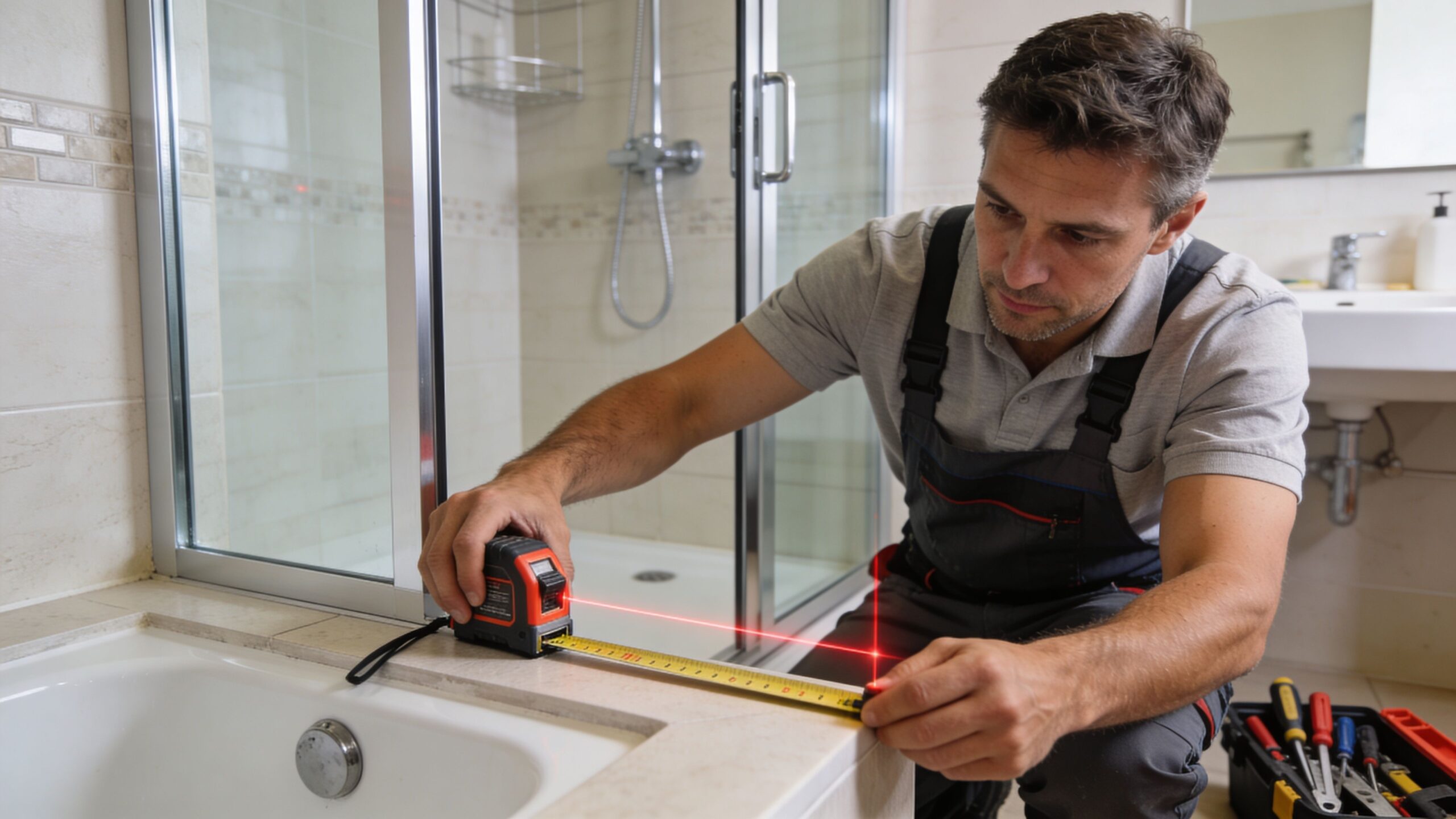 A professional repairman in overalls measuring a bathtub edge with a laser tape measure in a bathroom.