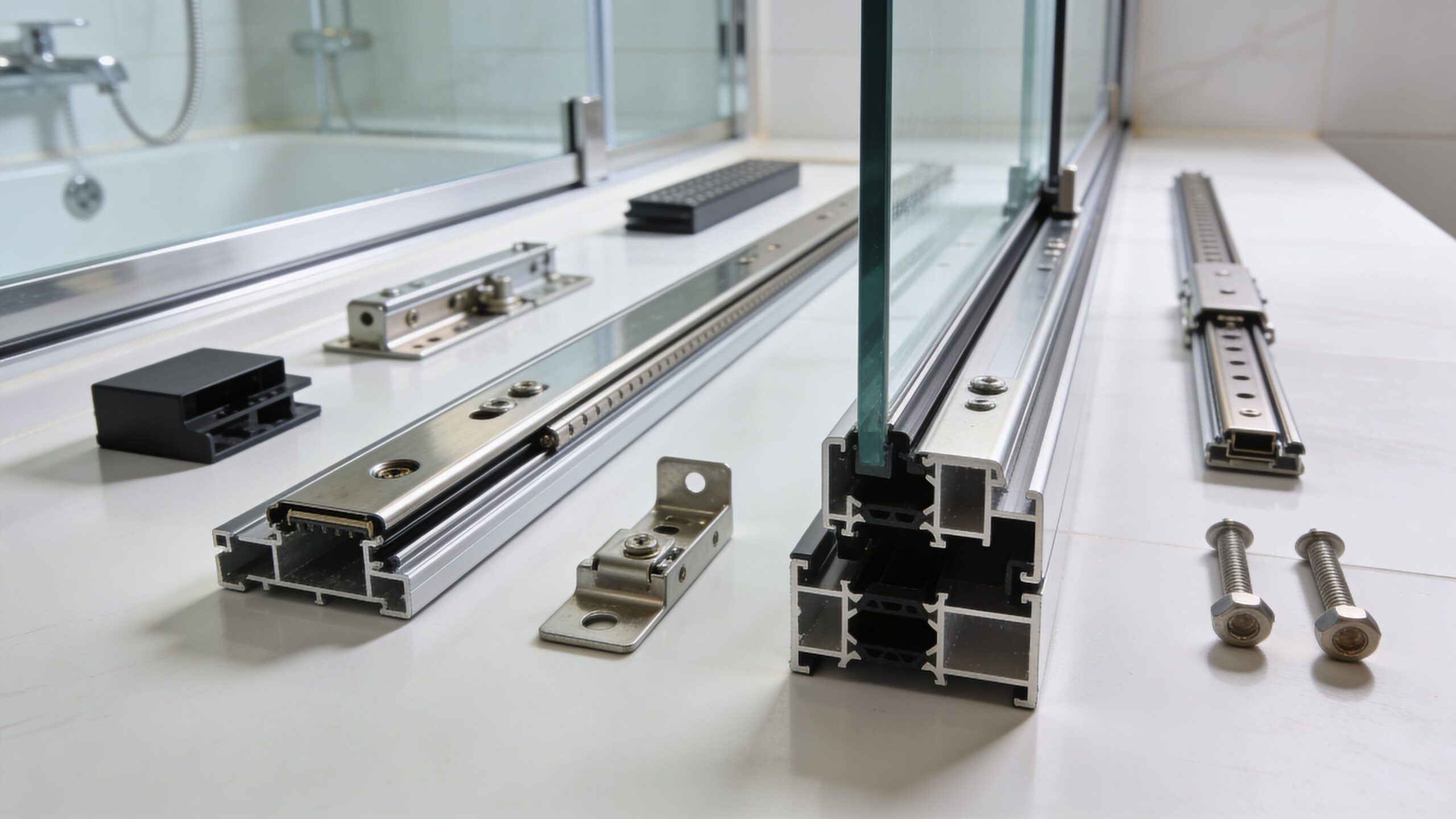 A close-up of sliding shower door hardware, including aluminum tracks, brackets, glass panels, and fasteners on a table.
