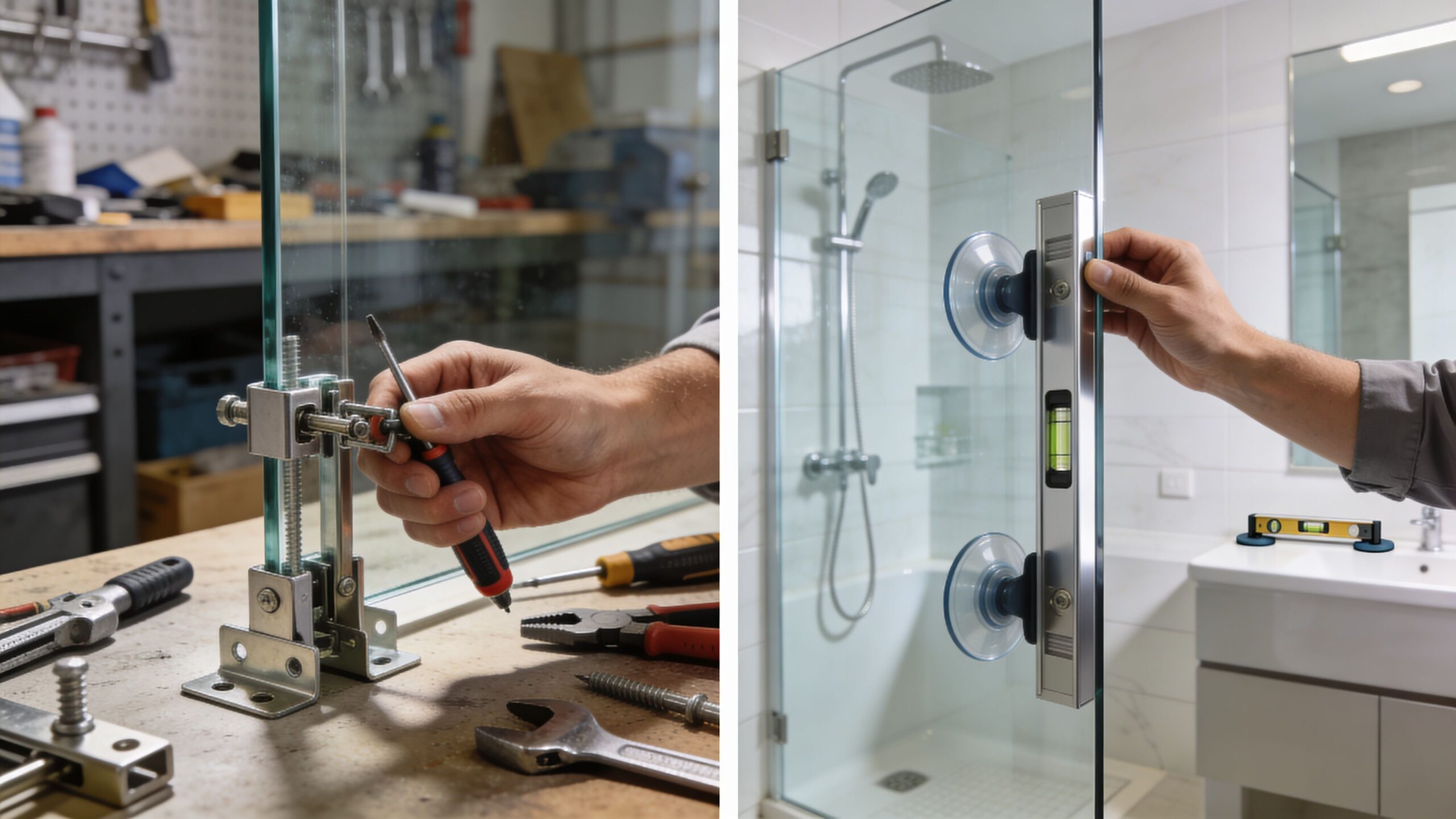 A split screen showing a professional assembling a glass shower panel and installing a glass shower door.