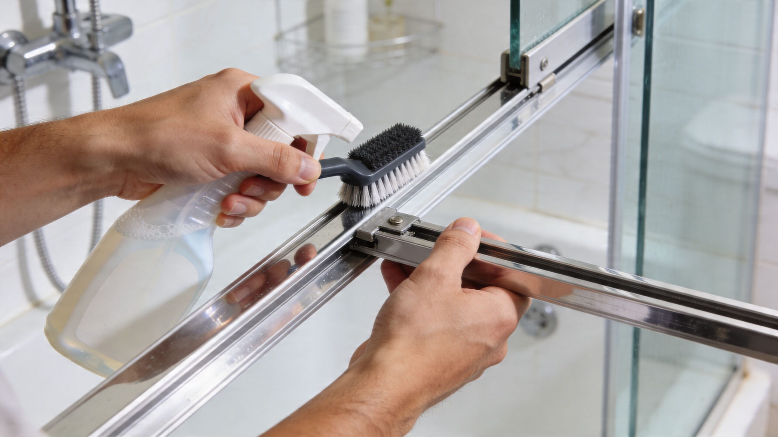 A person cleaning the metal tracks of a sliding glass shower door using a spray and brush.
