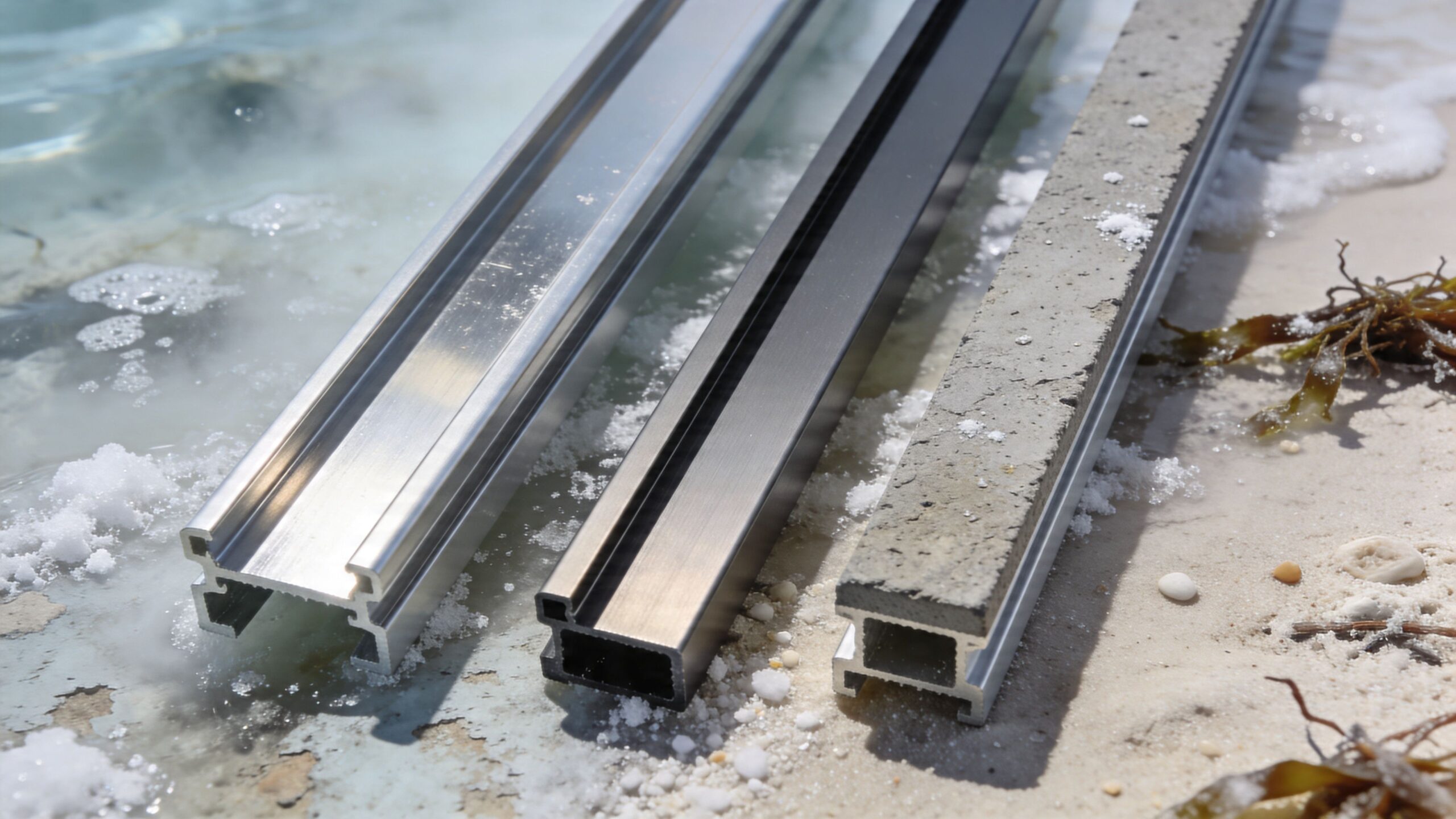 Three different material profiles for sliding shower door tracks laid on a sandy beach shore.