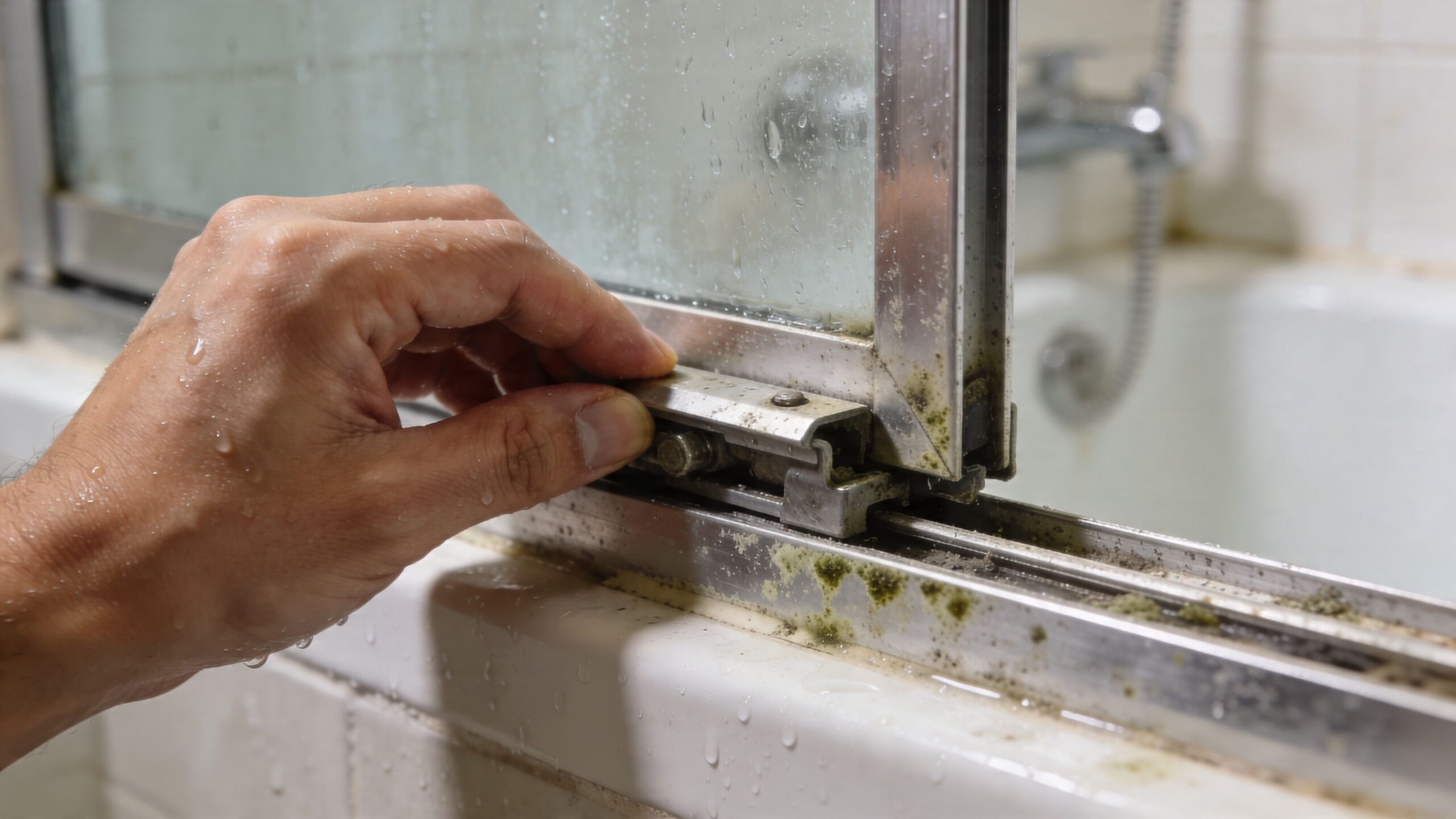 A hand cleaning a dirty and moldy sliding glass shower door track in a bathroom.