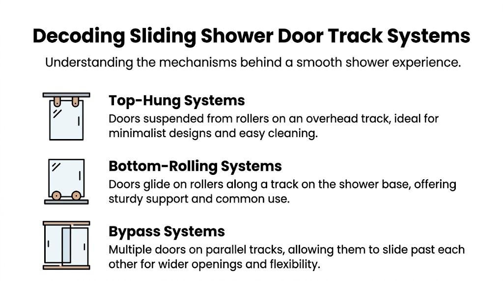An infographic illustrating three types of sliding shower door track systems: top-hung, bottom-rolling, and bypass designs.