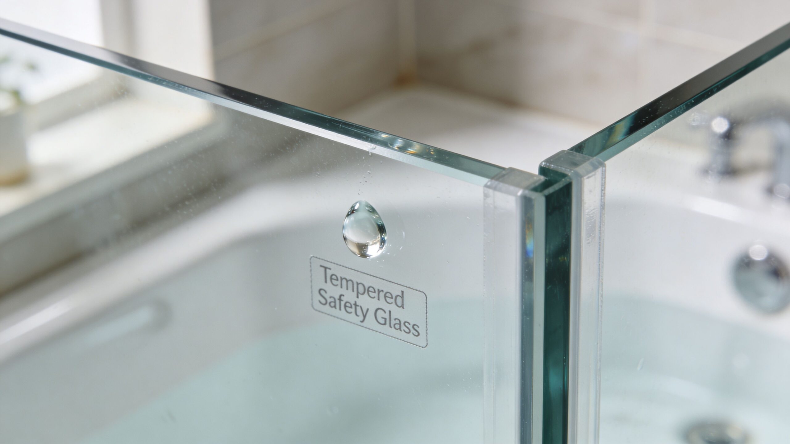 A close-up view of a frameless tempered safety glass tub door in a modern bathroom.