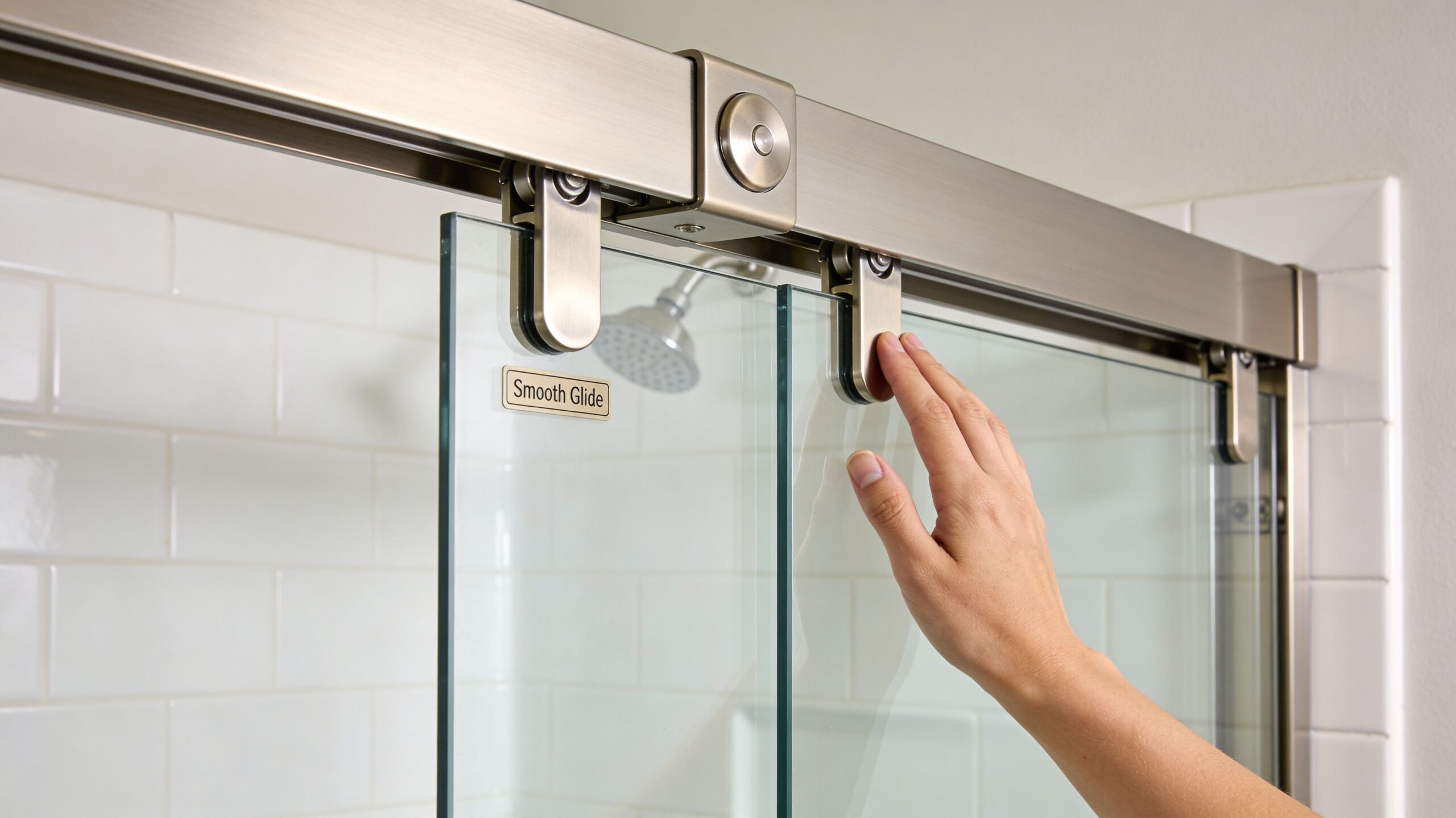 A hand sliding a frameless glass door on a stainless steel track system in a modern bathroom.