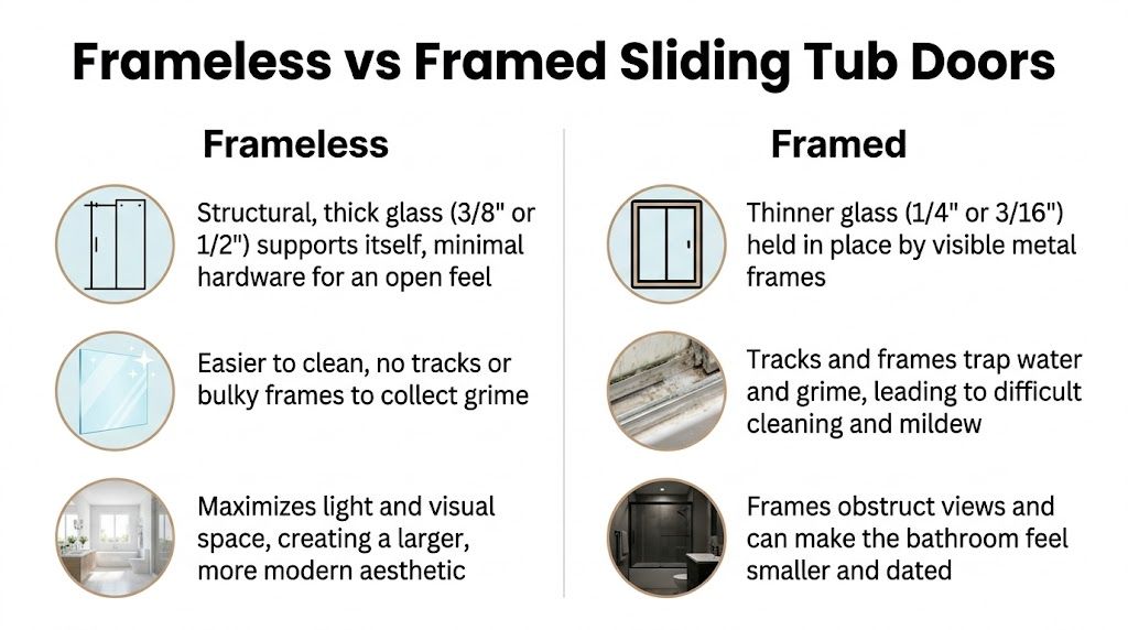 A comparison chart showing the benefits and aesthetic differences between frameless and framed sliding tub doors.
