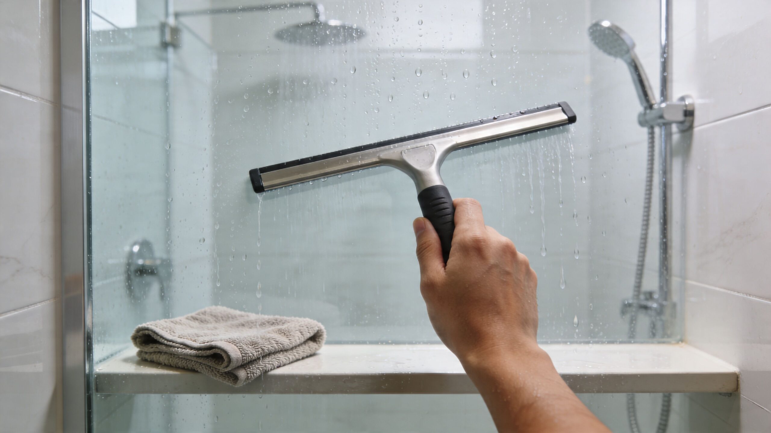 A hand using a rubber squeegee to clean water droplets off a glass shower screen.