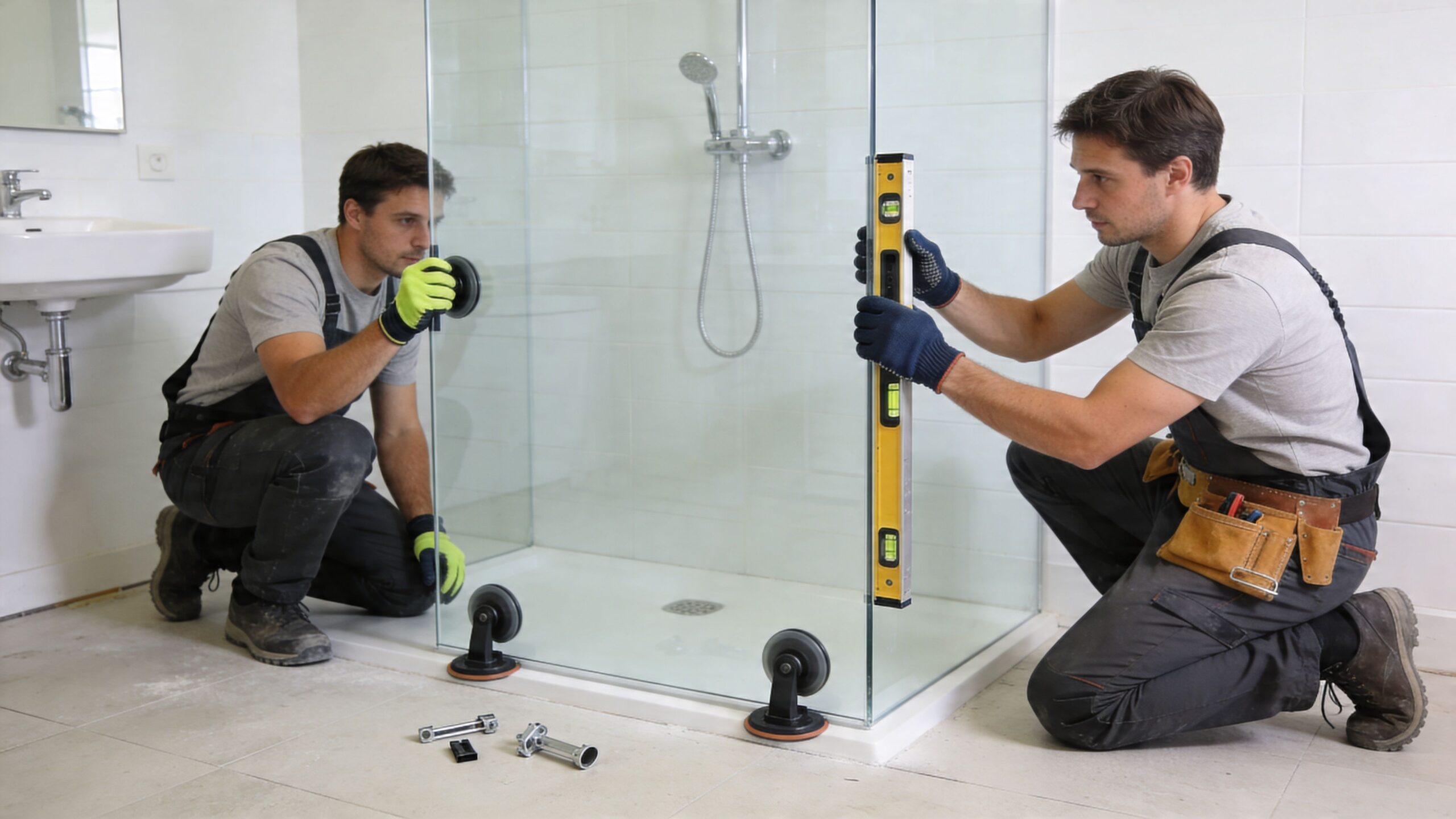 Two professional construction workers installing a glass splash panel shower in a modern bathroom interior.