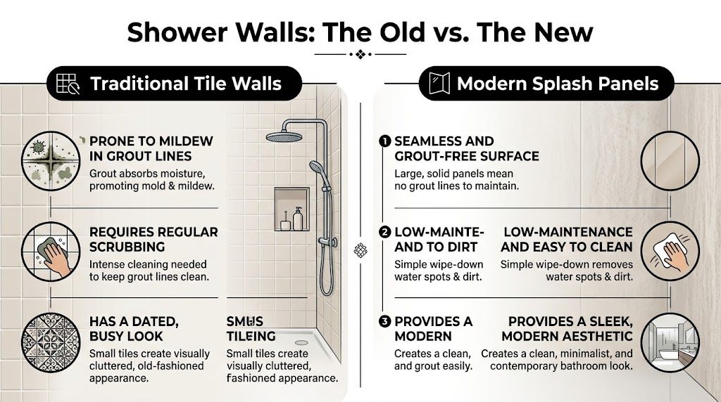 A comparison infographic showing the advantages of modern shower splash panels over traditional tile shower walls.