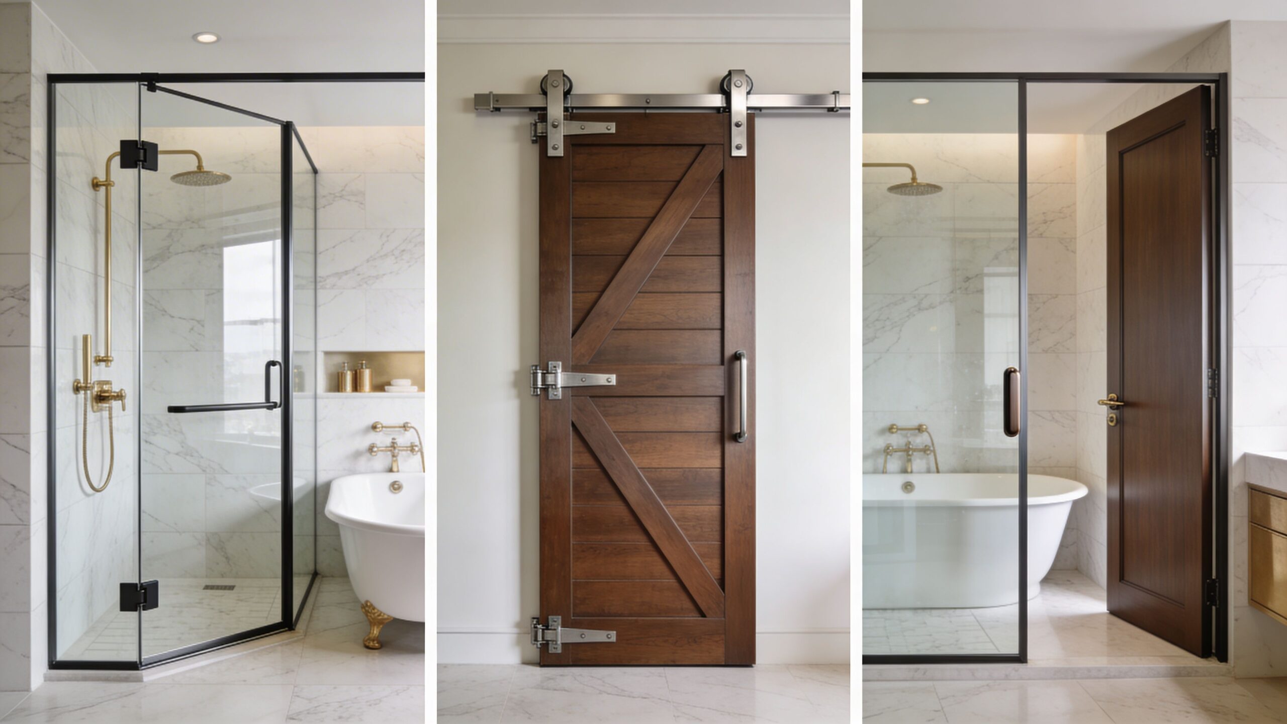 A triptych showing a luxury bathroom with a glass shower, a rustic wooden barn door, and a wooden entry door.