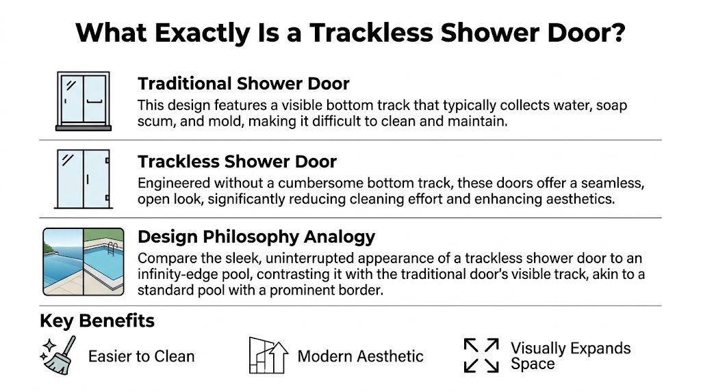 An infographic comparing traditional tracked shower doors with sleek trackless shower door designs and their key benefits.