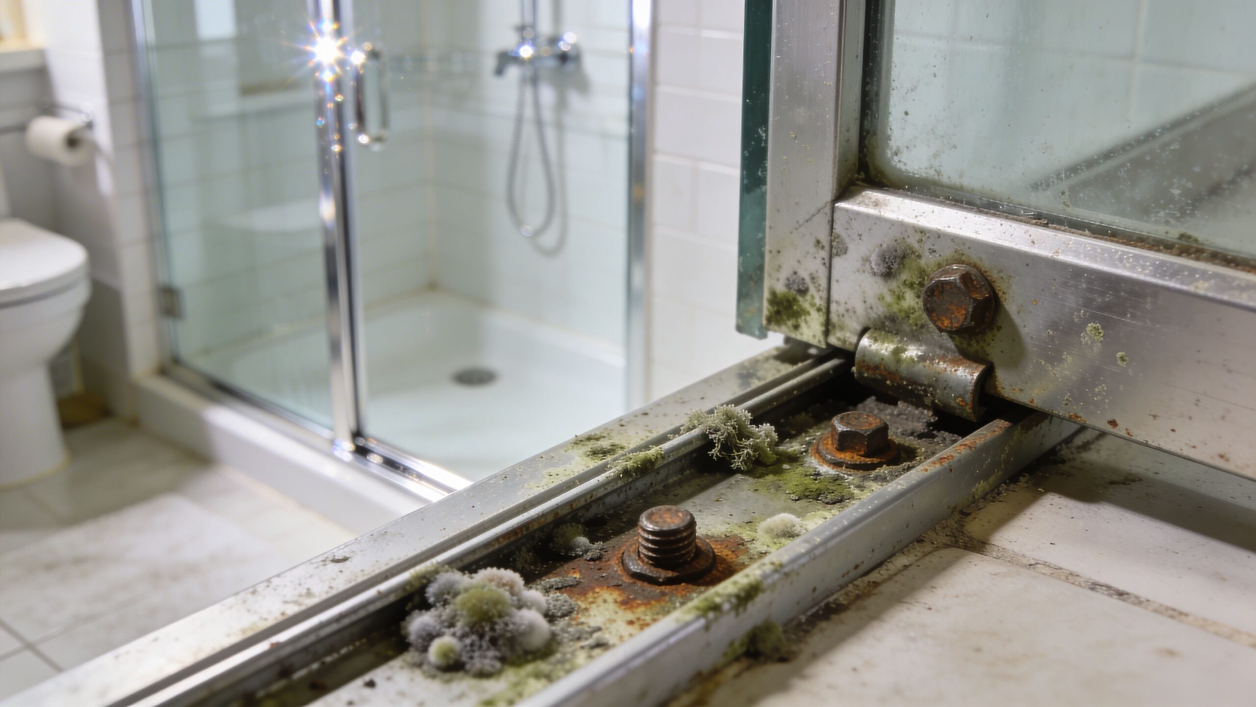Close-up of a dirty, rusted, and moldy shower door track in a residential bathroom setting.