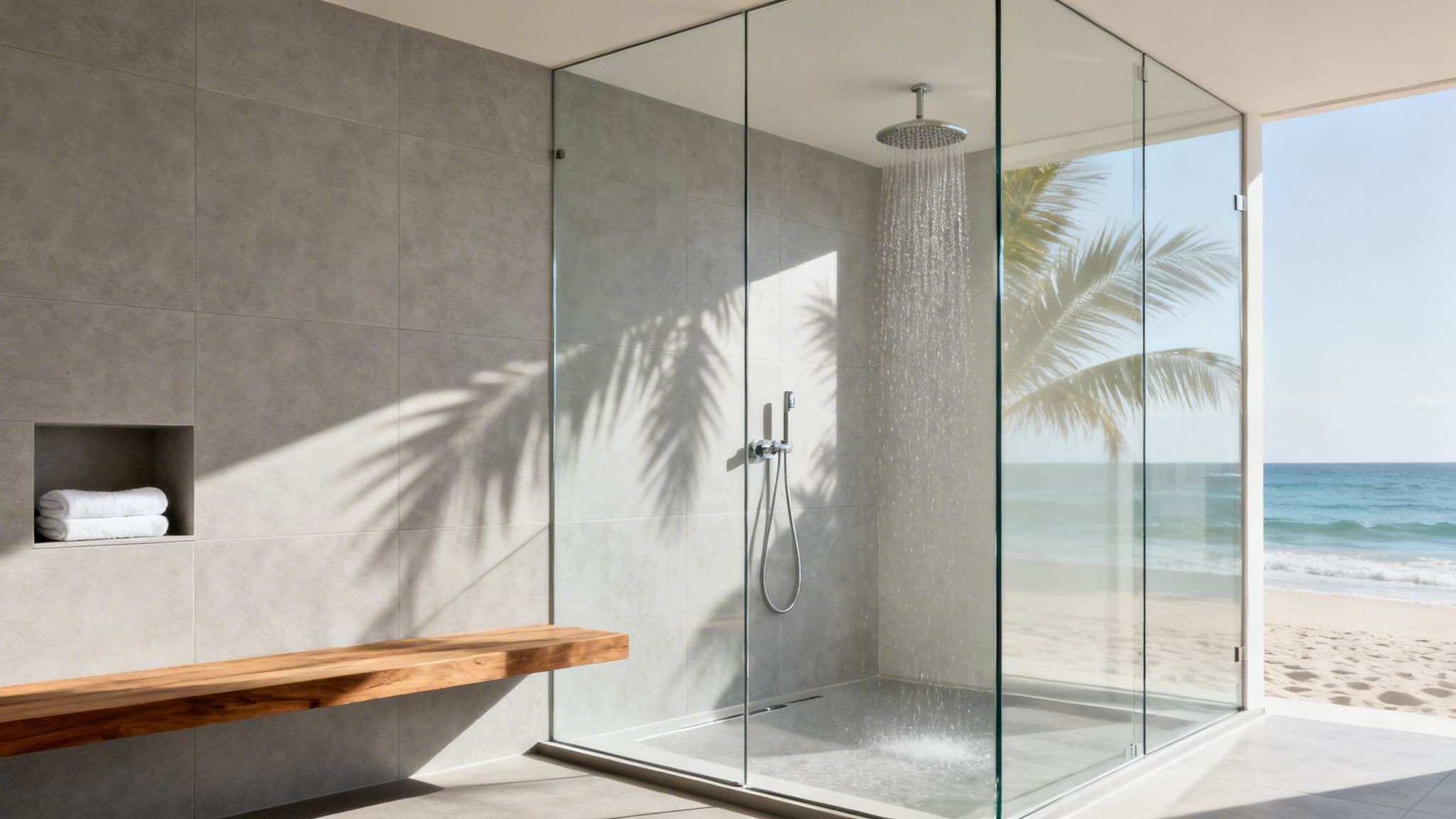 Modern glass walk-in shower with rain showerhead, wooden bench, and ocean view from a beach.