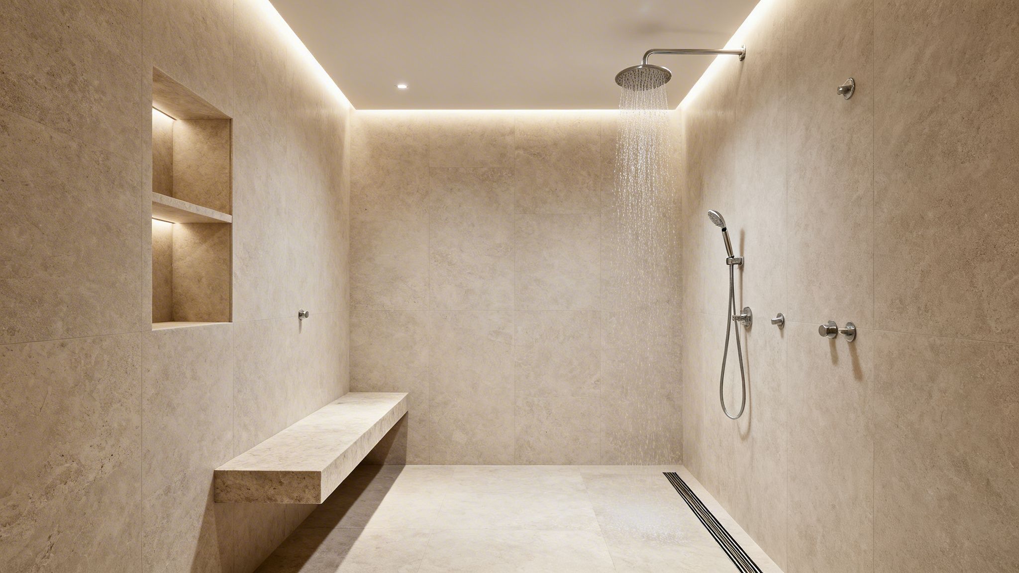 A modern walk-in shower with light beige tiled walls, a rain shower, handheld shower, built-in niche, and a stone bench.