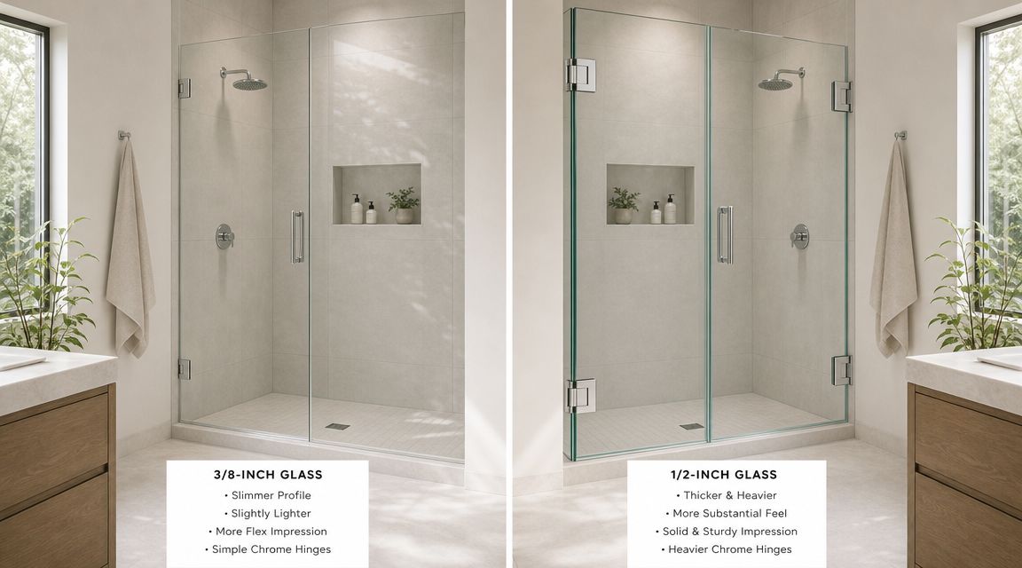 A comparison of two shower enclosures highlighting the differences between 3/8-inch and 1/2-inch glass thickness options.