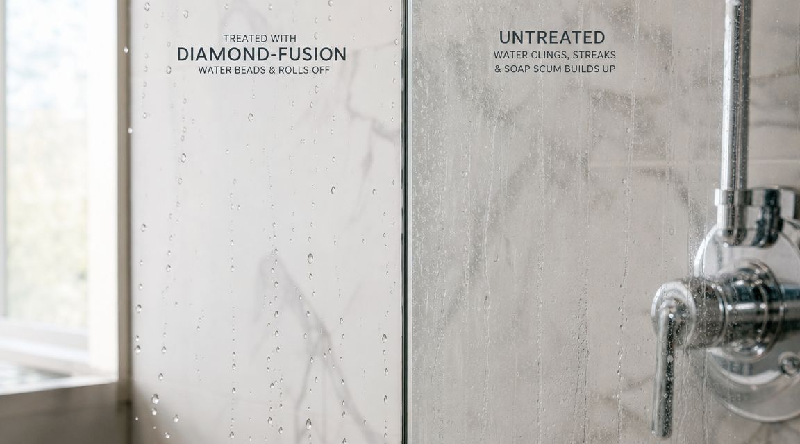 A side-by-side comparison of a Diamond-Fusion treated shower glass versus untreated glass showing water beading differences.