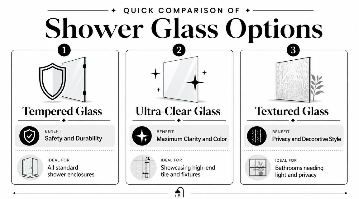 A comparison infographic showing the benefits and ideal uses for tempered, ultra-clear, and textured shower glass types.