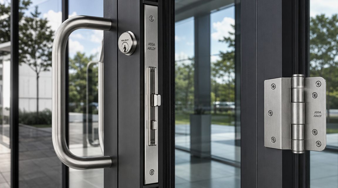 Close-up of a commercial glass door featuring metallic hinges, a sturdy handle, and a locking mechanism.