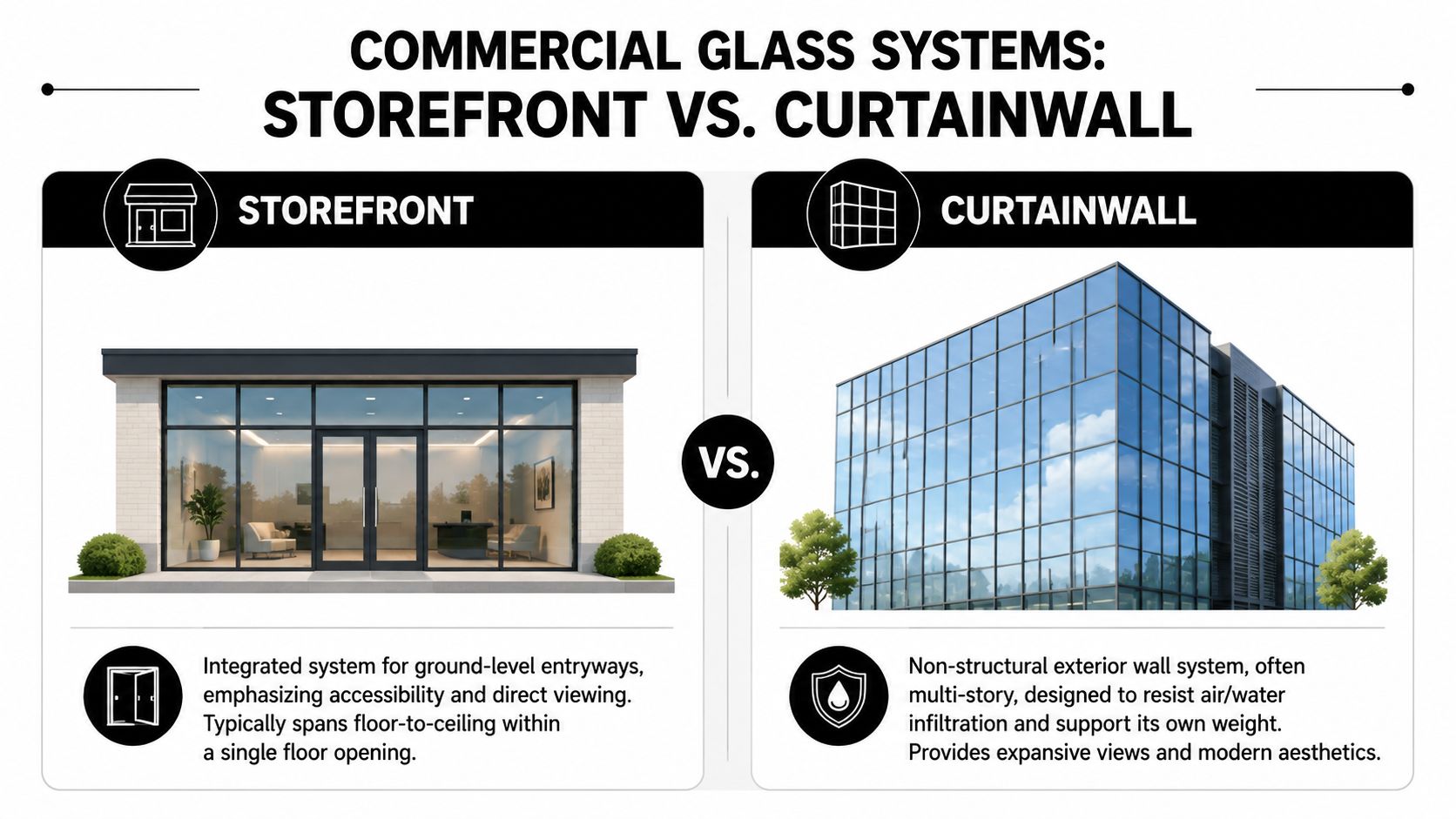 A comparative graphic explaining the differences between commercial storefront and curtain wall glass building systems.