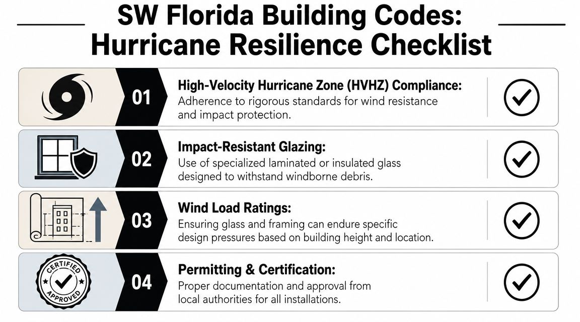 A checklist illustrating four essential Florida building code requirements for hurricane-resilient commercial glass windows and doors.