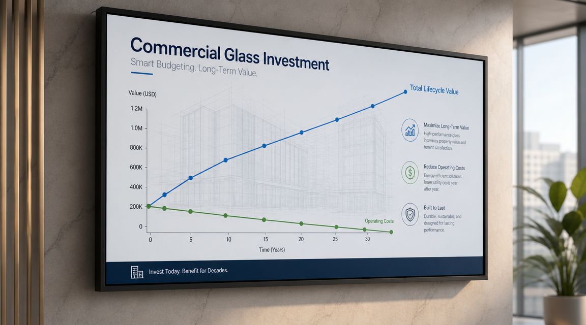 A digital presentation screen showing a graph illustrating the long-term lifecycle value and cost savings of commercial glass.