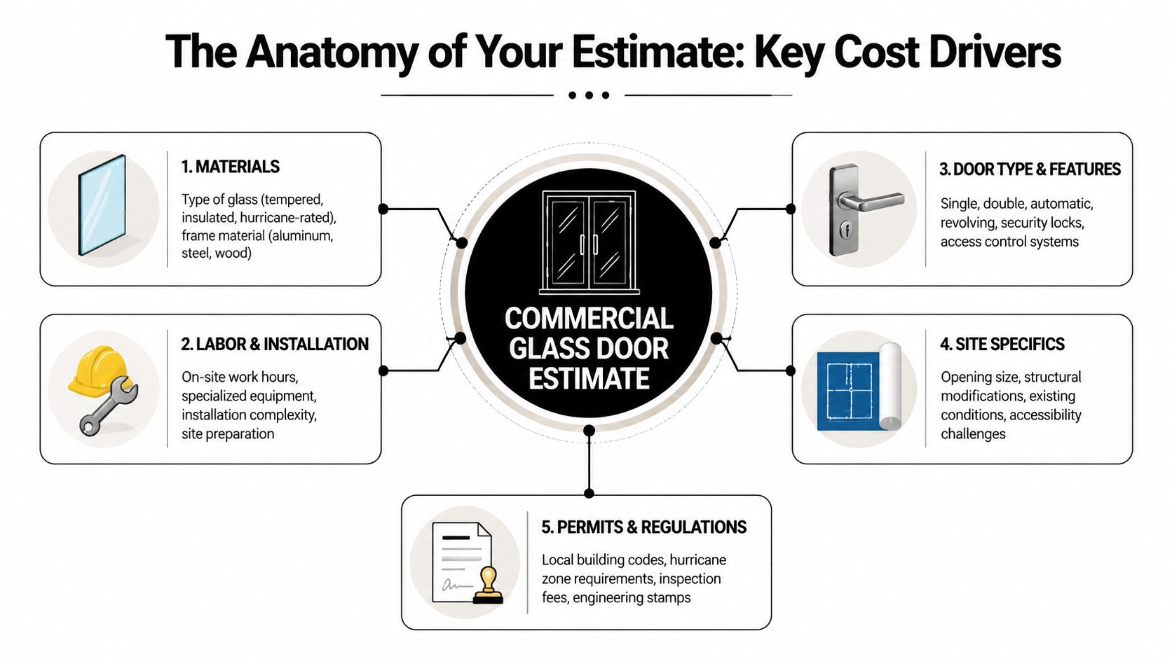 A diagram illustrating the five key cost drivers for a commercial glass door installation estimate.