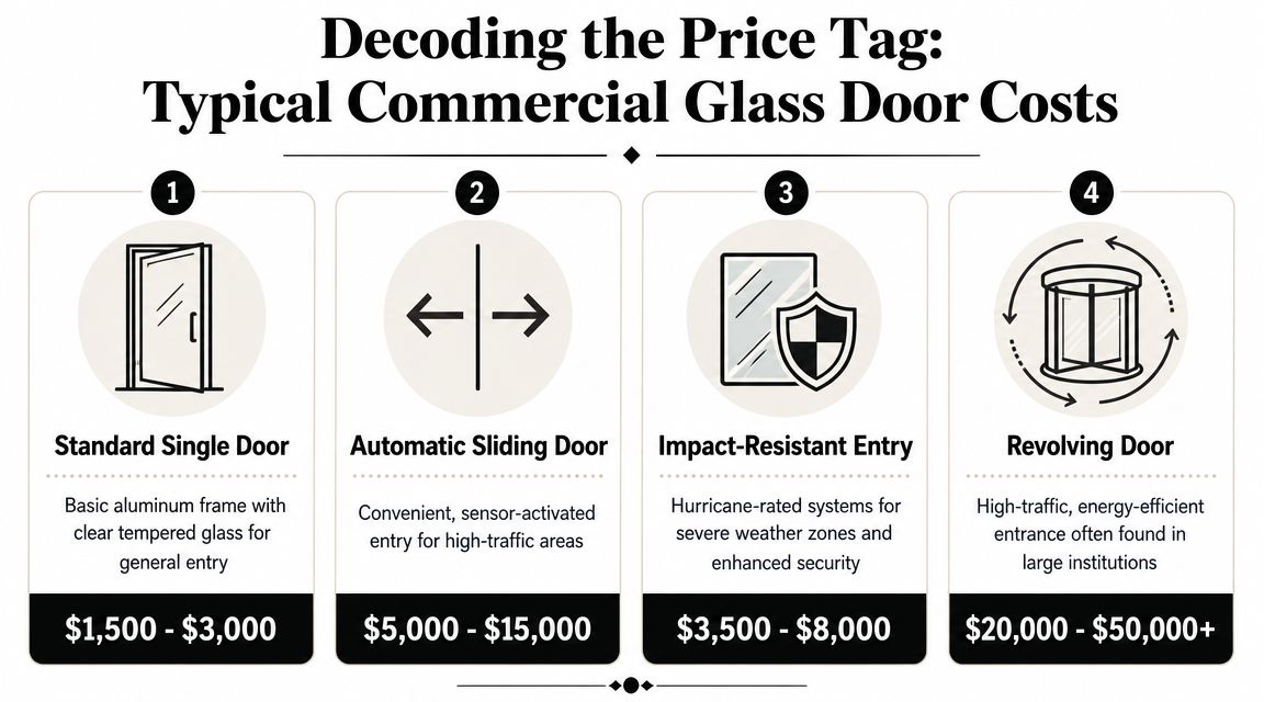 An infographic detailing the typical cost ranges for four common types of commercial glass doors.