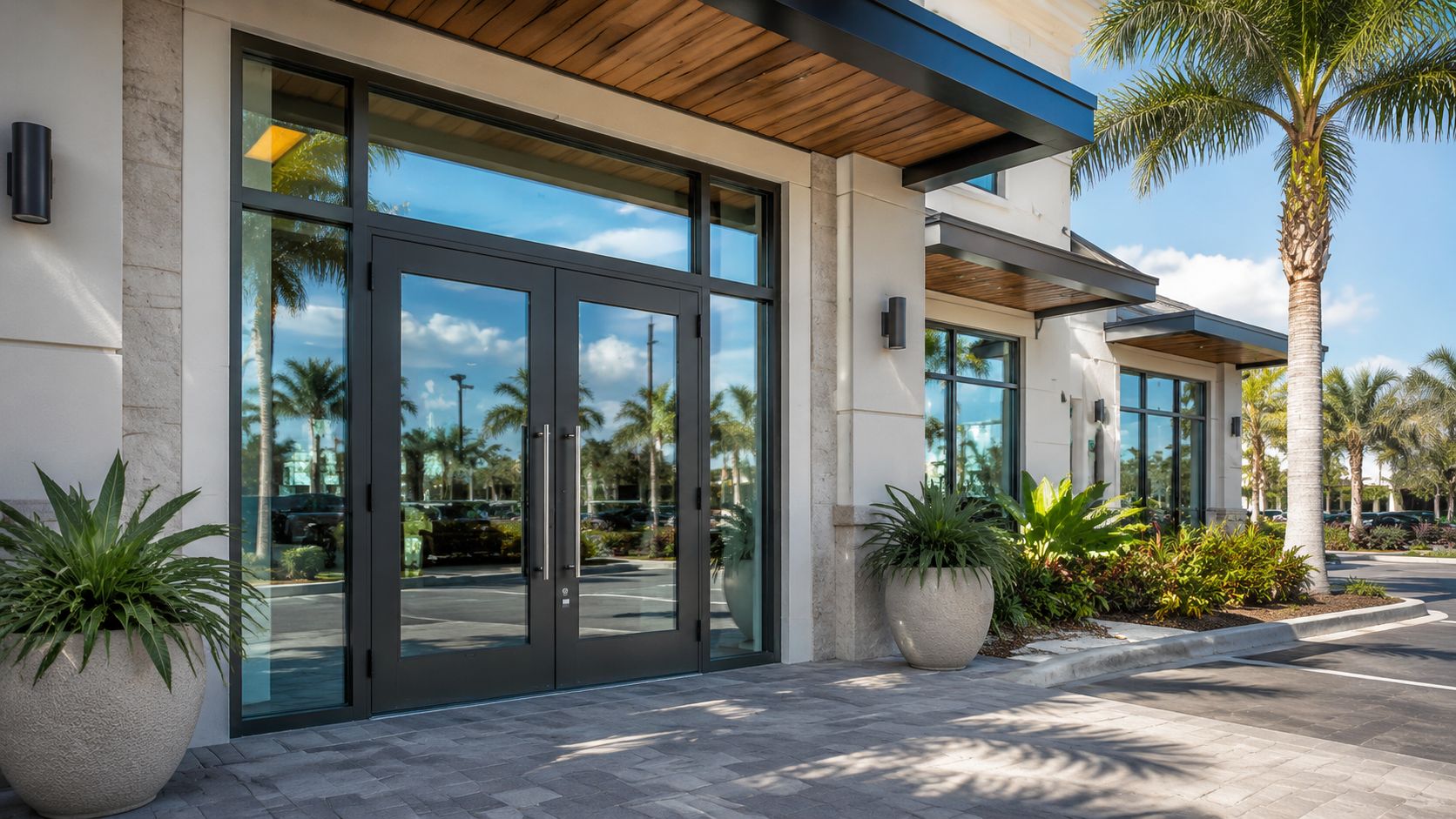 A modern commercial building entrance featuring sleek glass double doors with large potted plants on the exterior.