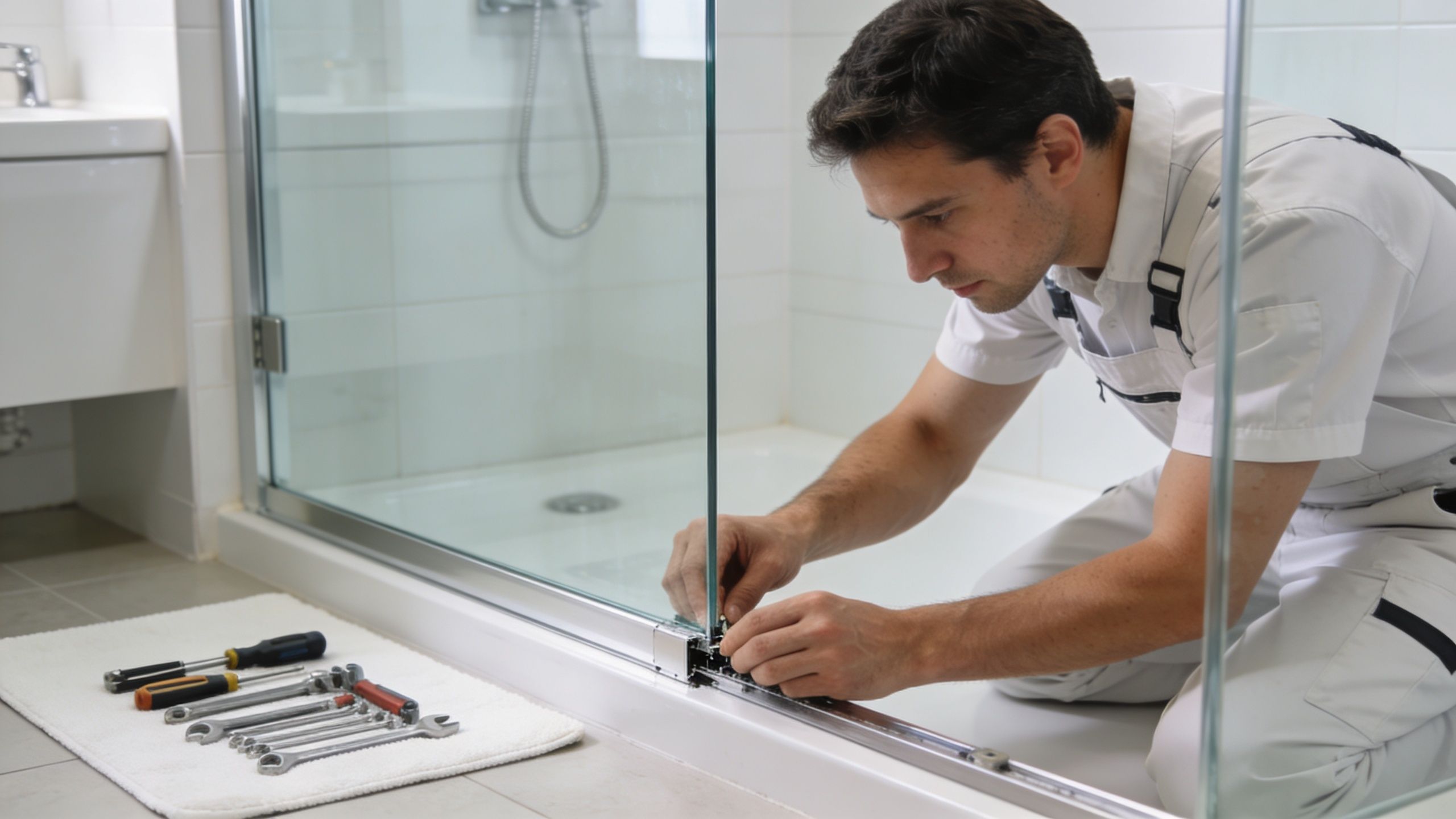 A professional technician installing contemporary glass shower doors in a modern residential bathroom setting.