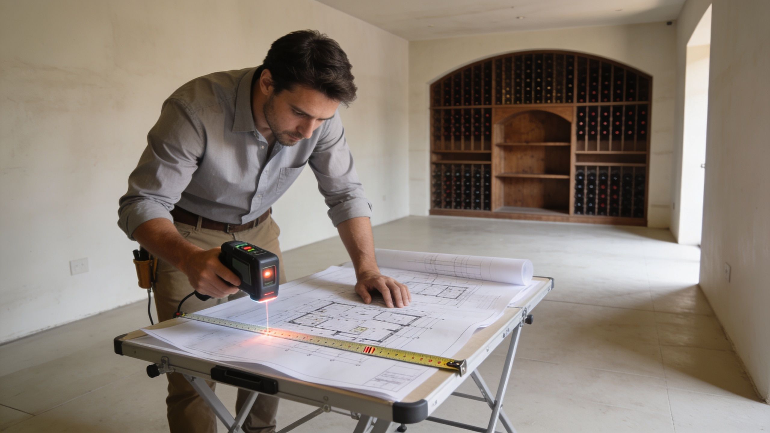 A professional interior designer reviews architectural blueprints for a custom wine cellar design project on-site.